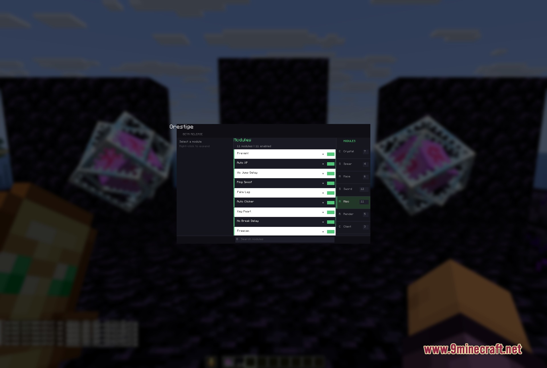 The orestige client interface displaying various miscellaneous modules for anarchy server combat