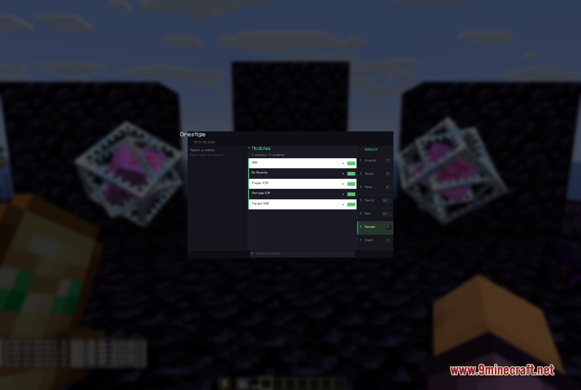 The orestige client interface displaying render modules including player esp and target hud