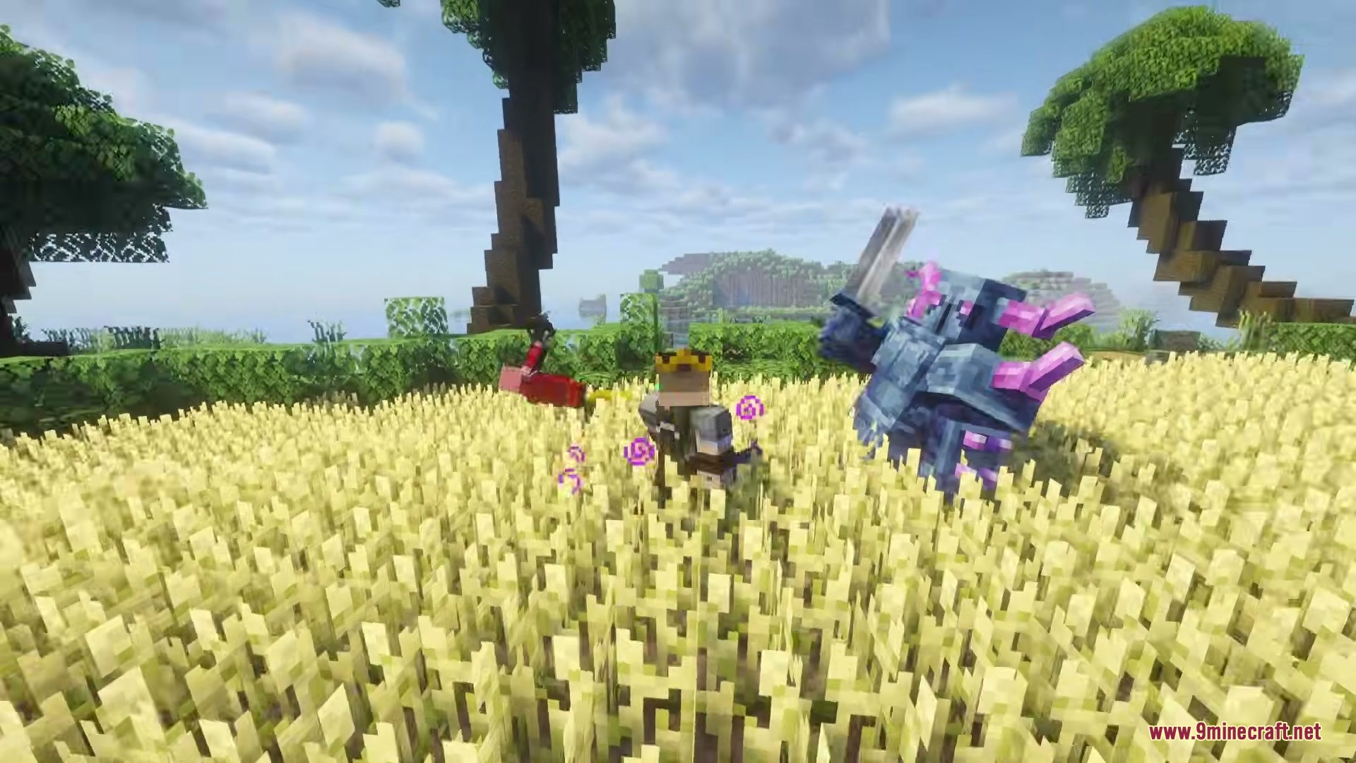 P.e.k.k.a. Craft Mod (1.21.1, 1.20.1) – Summon A Loyal Armored Partner 6 Blue armored mob fighting in a wheat field near a crowned player