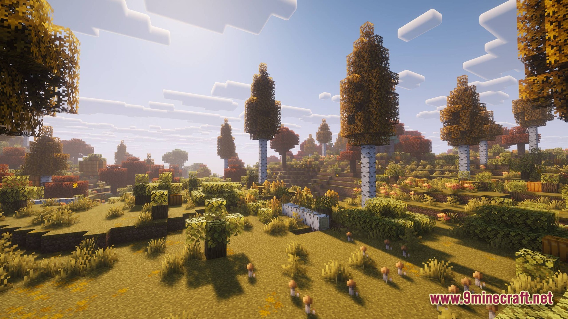Perennial Core Modpack (26.1.2) – Classic Gameplay With Gentle Upgrades 3 An autumn-themed birch forest biome featuring orange foliage, fallen logs, and mushrooms under a bright sky
