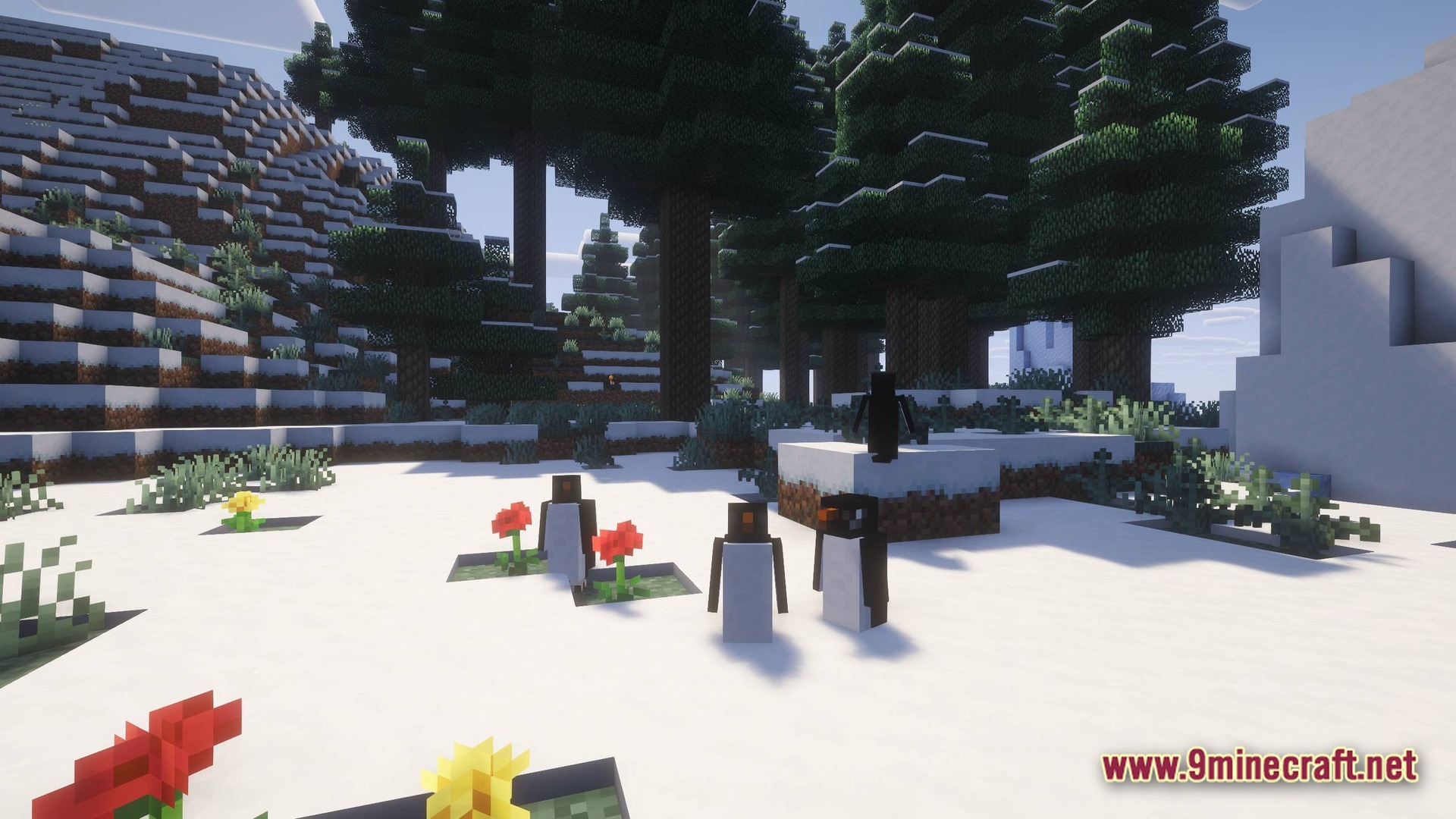 Perennial Core Modpack (26.1.2) – Classic Gameplay With Gentle Upgrades 5 A group of penguins stands in a snowy biome near large spruce trees and red flowers