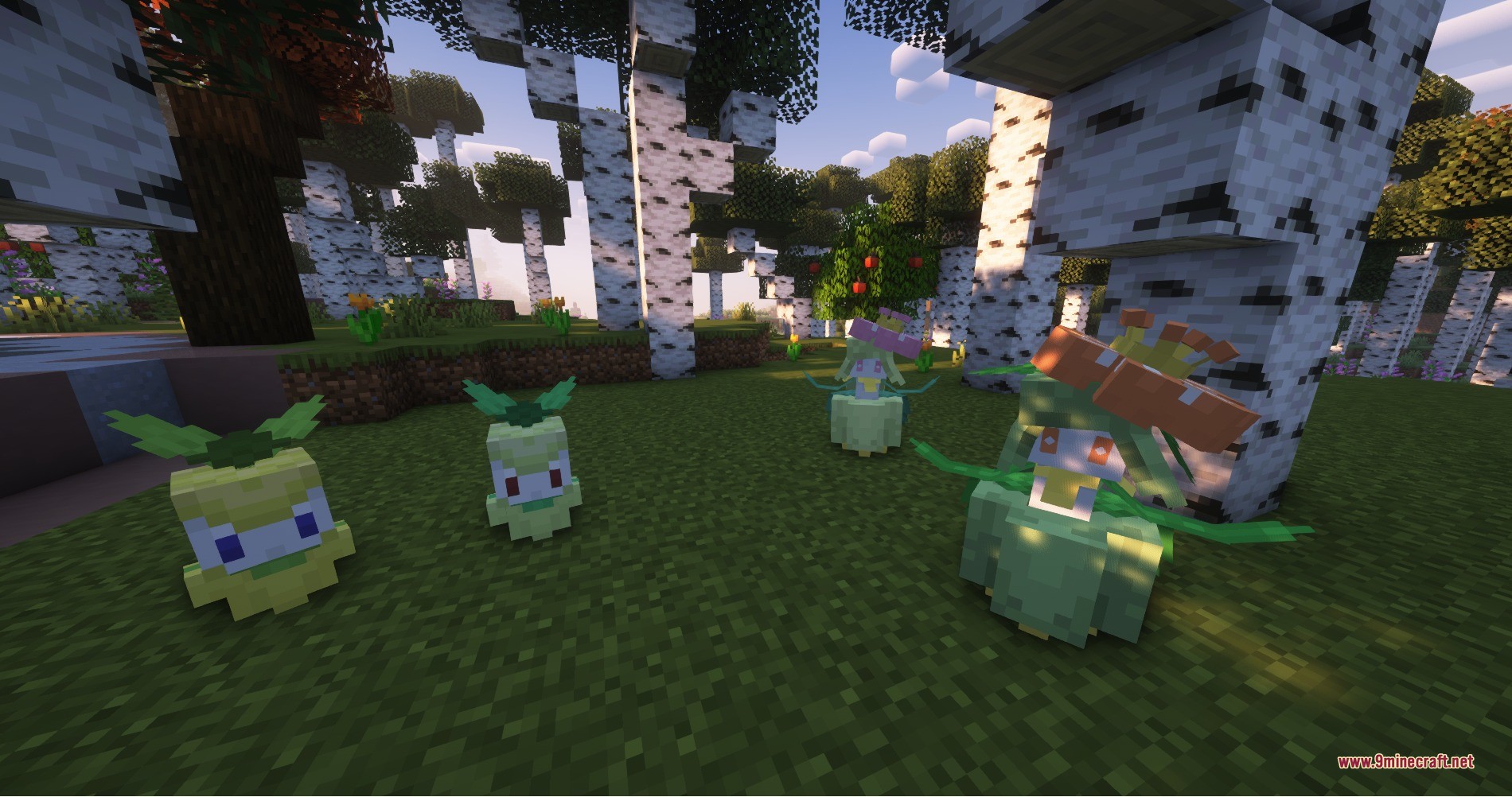 Pigeon’s Poke Pack Fang And Claw Data Pack (1.21.1, 1.20.1) 5 Petilil and lilligant pokemon models standing in a sunny birch forest biome