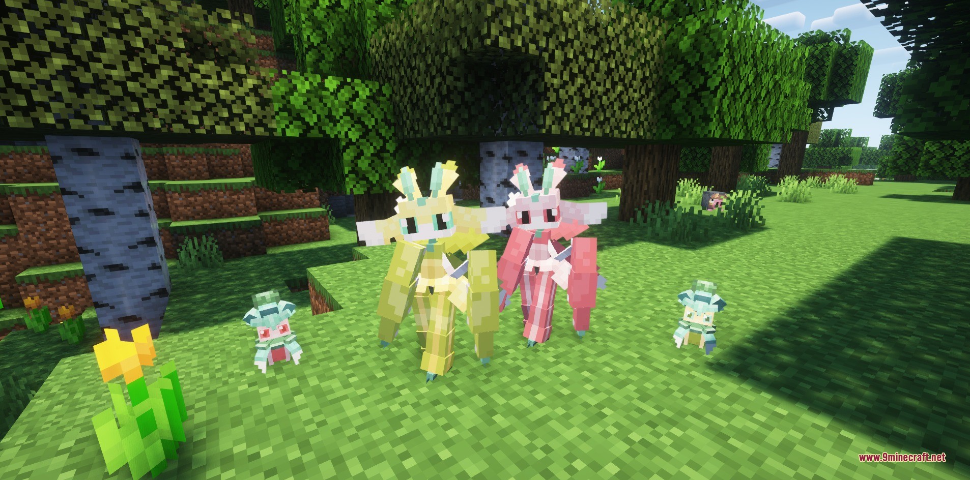 Pigeon’s Poke Pack Fang And Claw Data Pack (1.21.1, 1.20.1) 6 Custom lurantis and fomantis models standing in a lush green forest biome