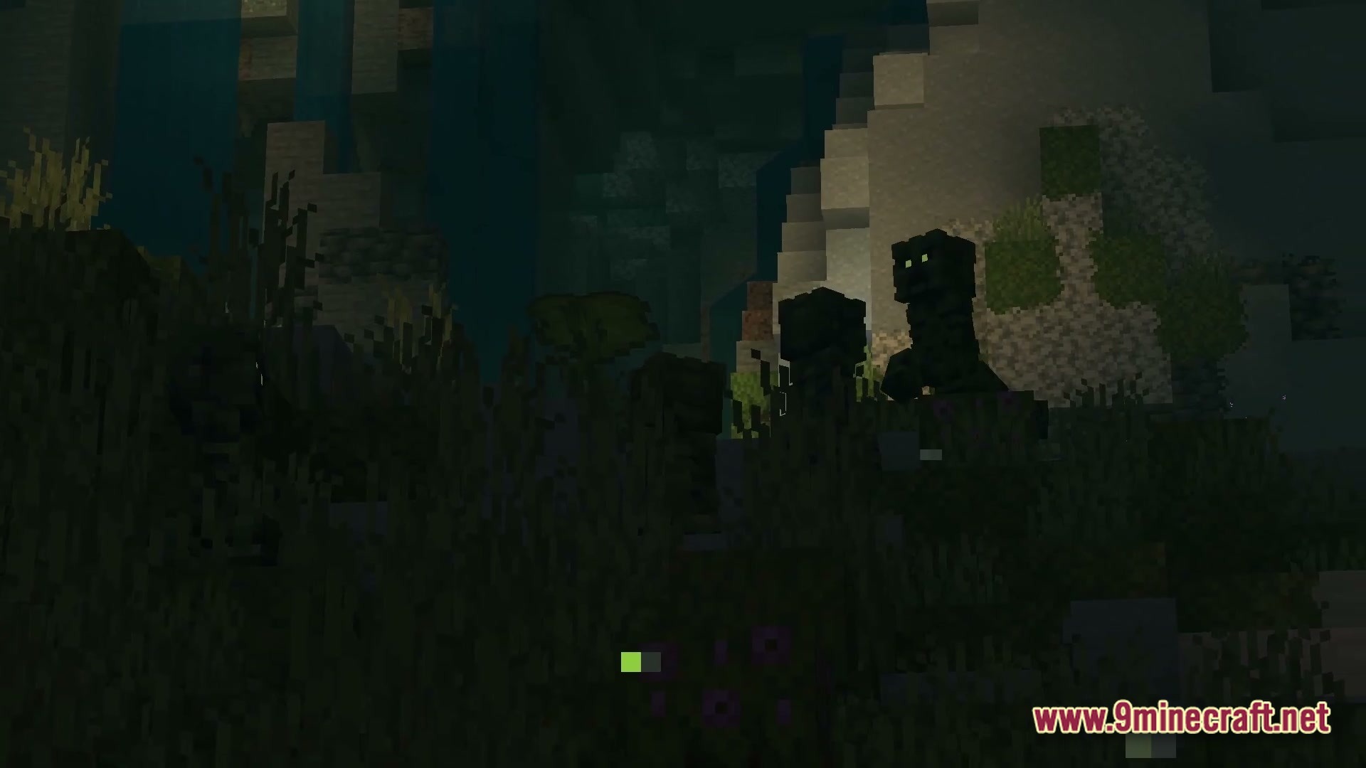 A group of dark creepers standing in a dimly lit cave with tall grass and waterfalls