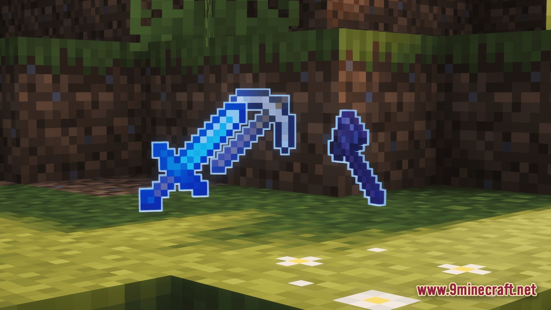 A glowing blue sword, pickaxe, and shovel floating above a grassy field in a minecraft world