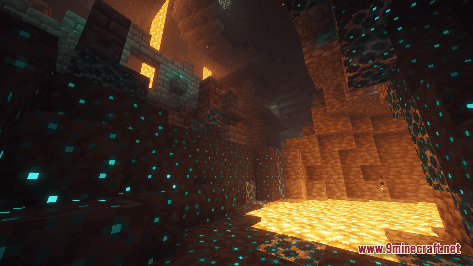 Deep underground cavern featuring sculk growth, stone brick structures, and glowing pools of lava