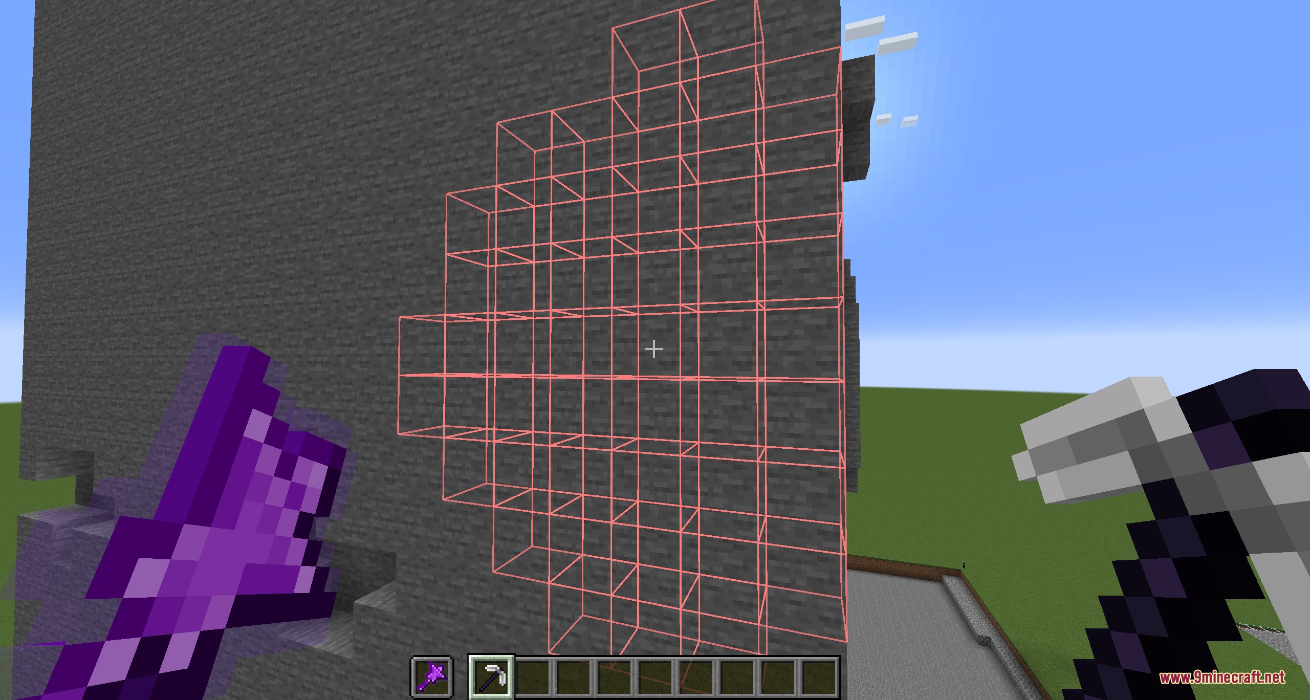 Pragmatic Apparatus Mod (1.21.1) – Automate Resource Mining And Fly In Survival 5 Player using a purple wand to highlight a large mining area on stone