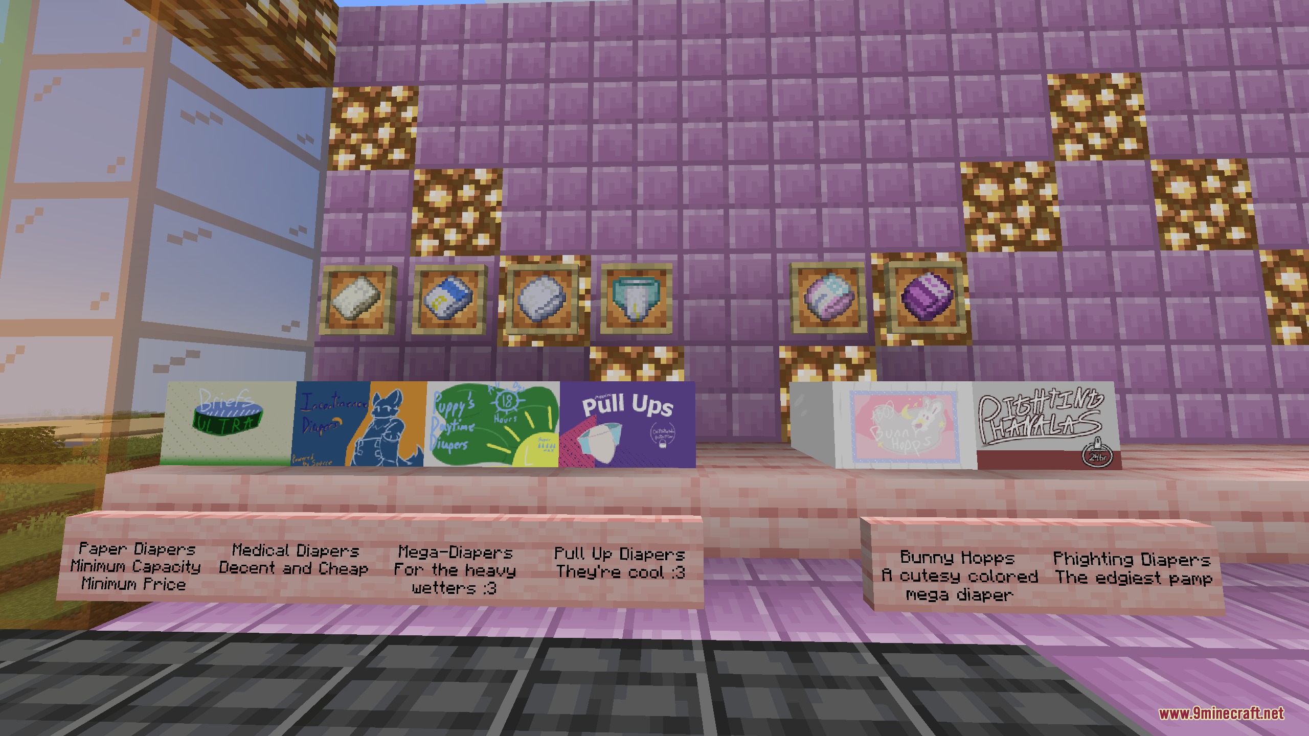 Various types of diapers displayed in item frames with descriptive signs