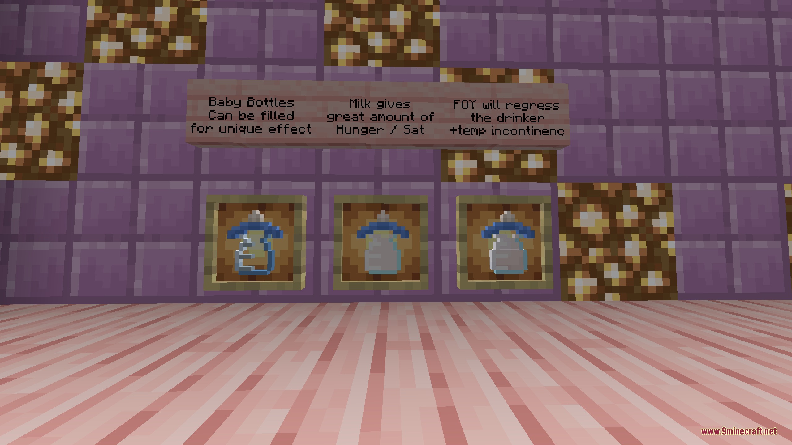 Baby bottles in item frames with signs in the primal nature calls mod