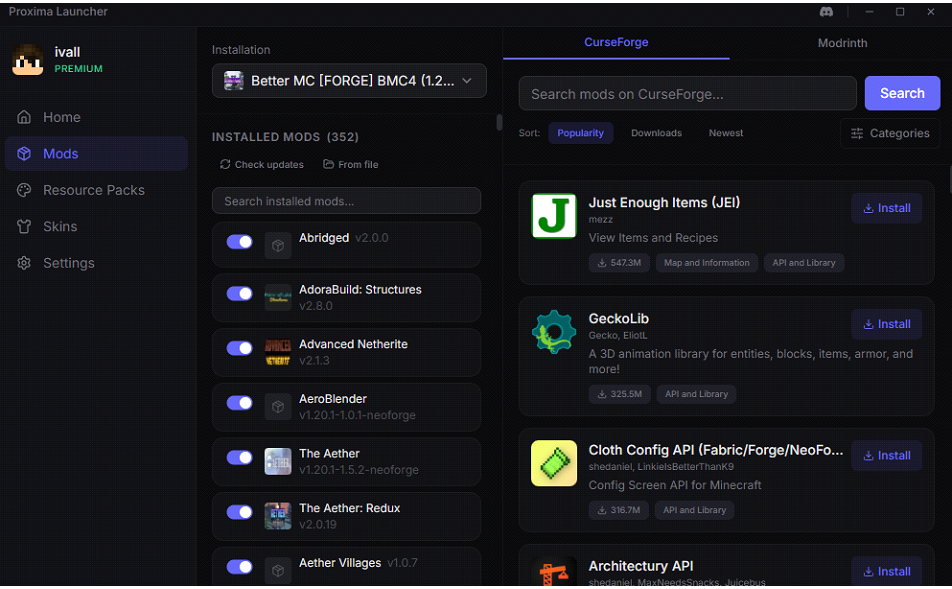 Proxima Launcher (26.2, 1.20.1) – Free Minecraft Launcher 3 Proxima launcher screenshots 2
