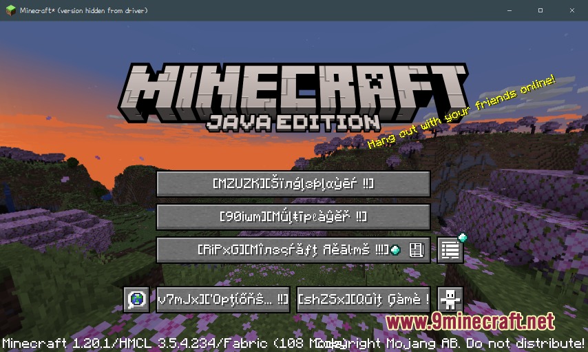 Pseudo Localization Language Pack Resource Pack (26.2, 1.20.1) 5 Minecraft main menu with cherry blossom background and distorted text characters