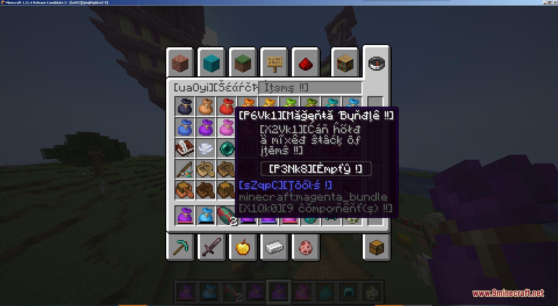 Pseudo Localization Language Pack Resource Pack (26.2, 1.20.1) 6 Minecraft inventory screen showing colored bundles with strange pseudo localized text