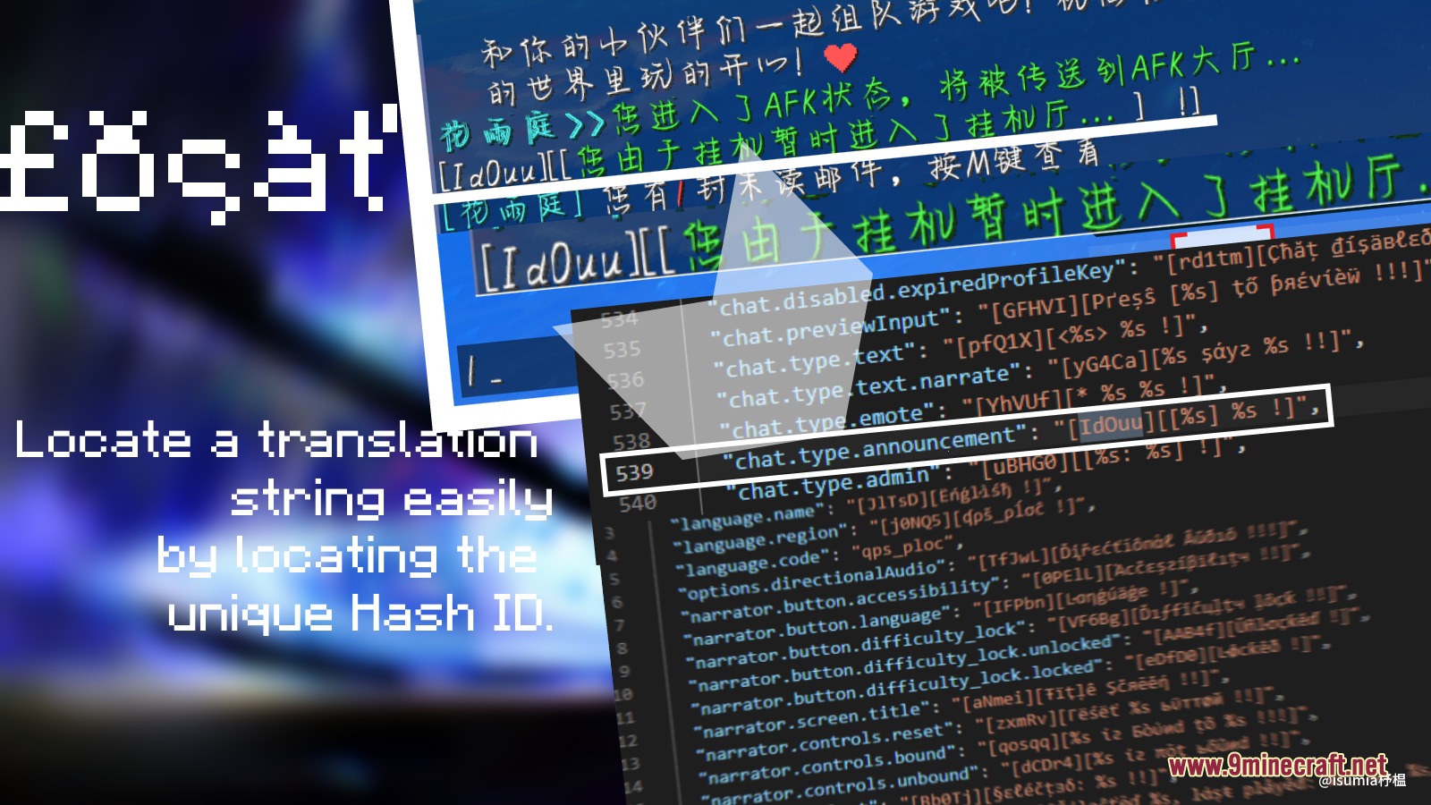 Pseudo Localization Language Pack Resource Pack (26.2, 1.20.1) 7 Showcase of chat messages and translation strings with unique hash identifiers