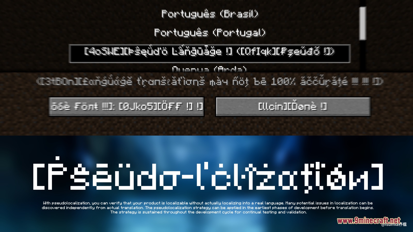 Pseudo Localization Language Pack Resource Pack (26.2, 1.20.1) 8 Minecraft language settings menu showing distorted text with various accents and symbols