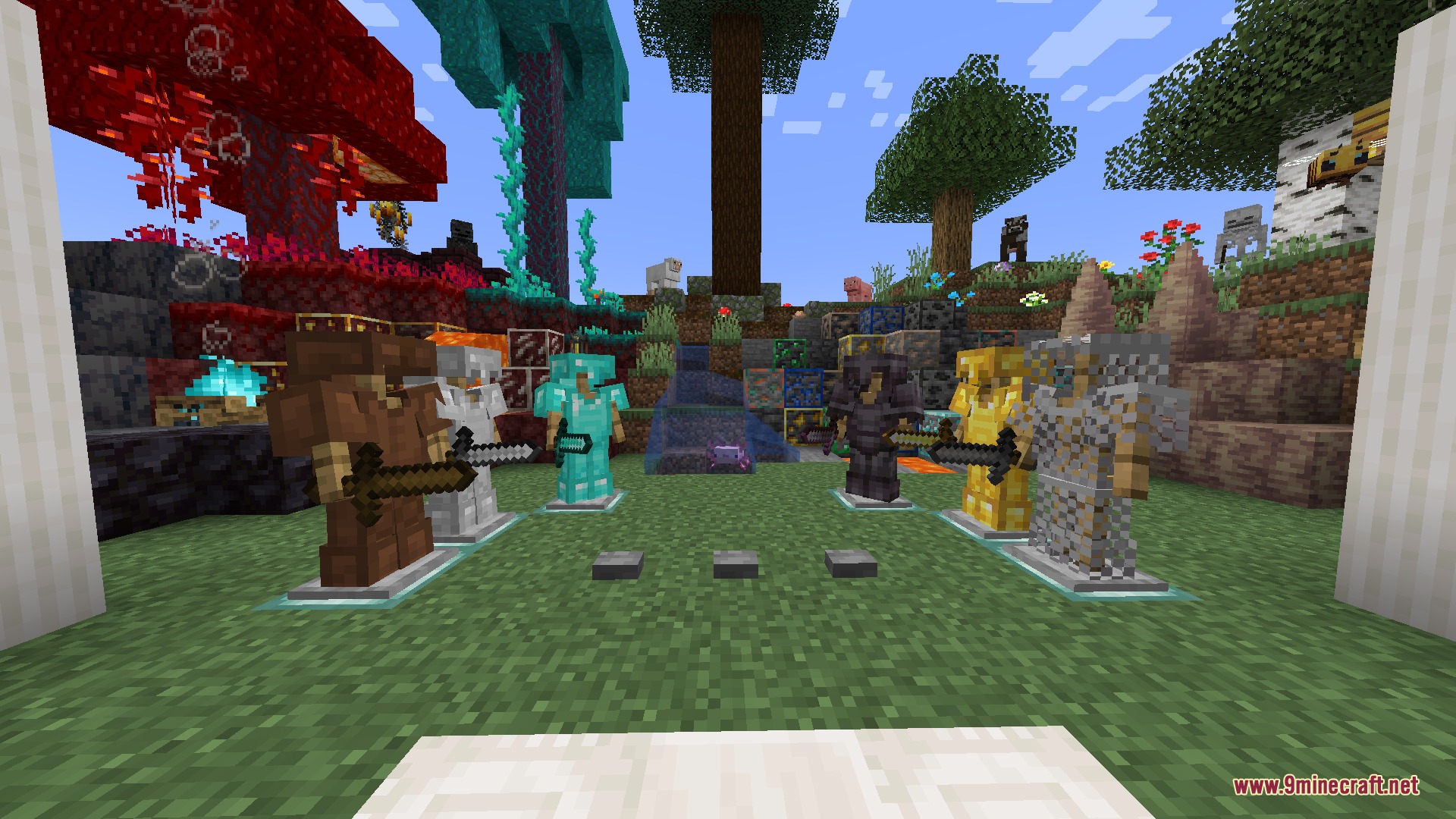 Various armor sets displayed on stands within a diverse minecraft landscape environment