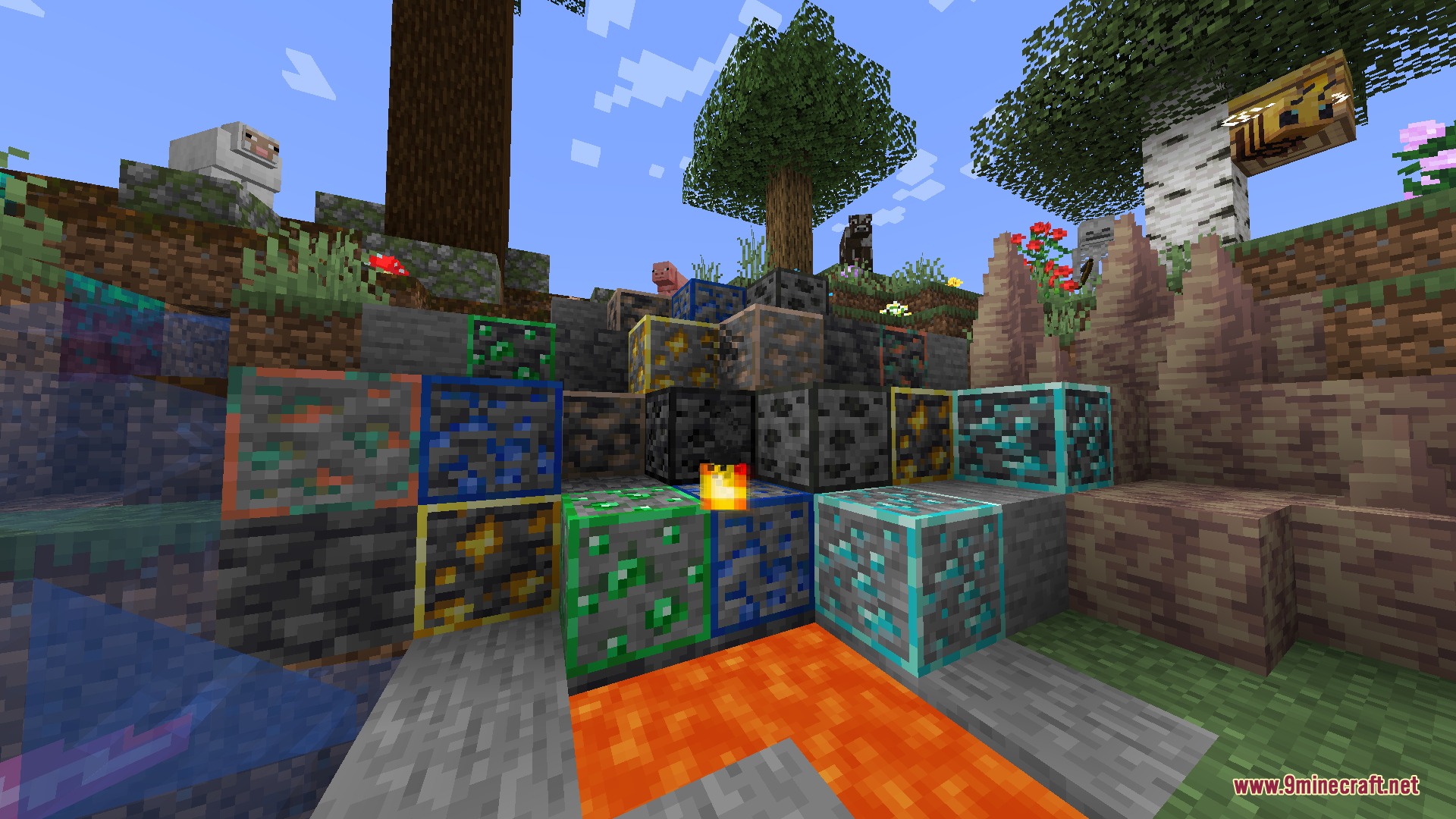 Various minecraft ores with bright outlines to make them easier to spot