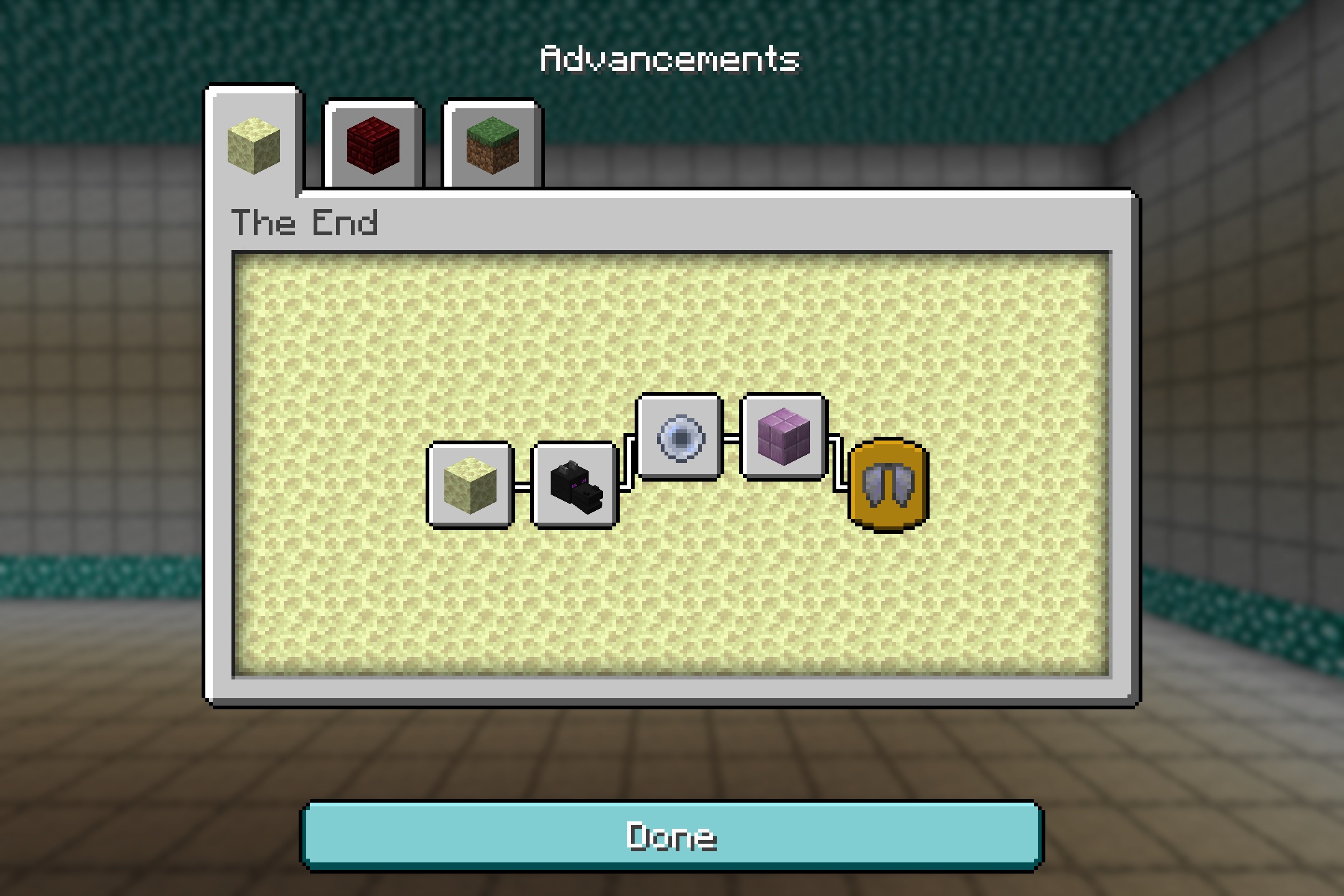 The end advancements menu featuring a unique gray and teal anime style interface