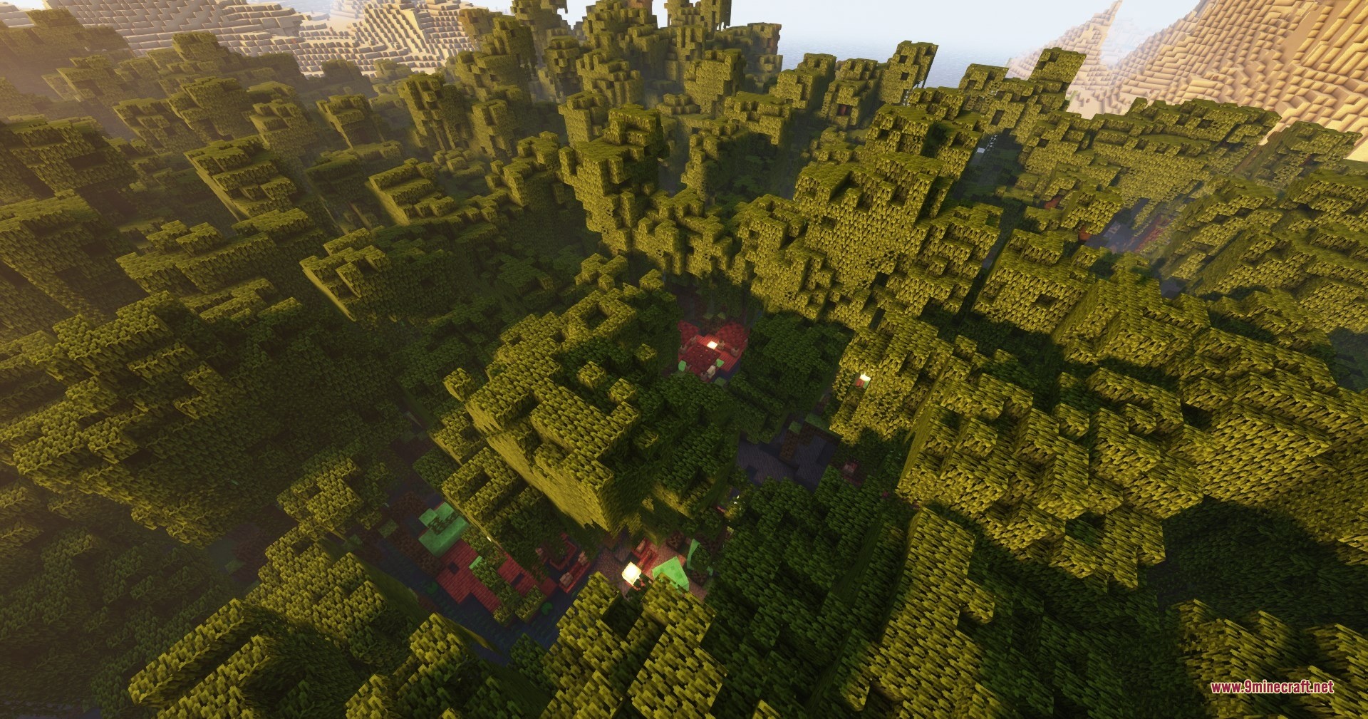 Qrafty’s Mangrove Villages Data Pack (26.2, 1.21.1) – Find Hidden Towns 2 Aerial view of red and green roofs hidden within a dense mangrove forest
