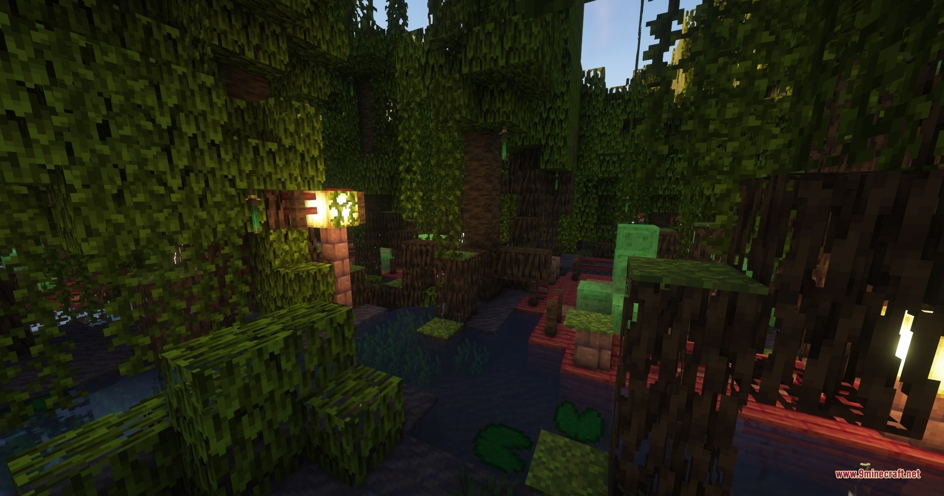Qrafty’s Mangrove Villages Data Pack (26.2, 1.21.1) – Find Hidden Towns 3 A swamp village featuring wooden structures and slime blocks under mangrove tree roots
