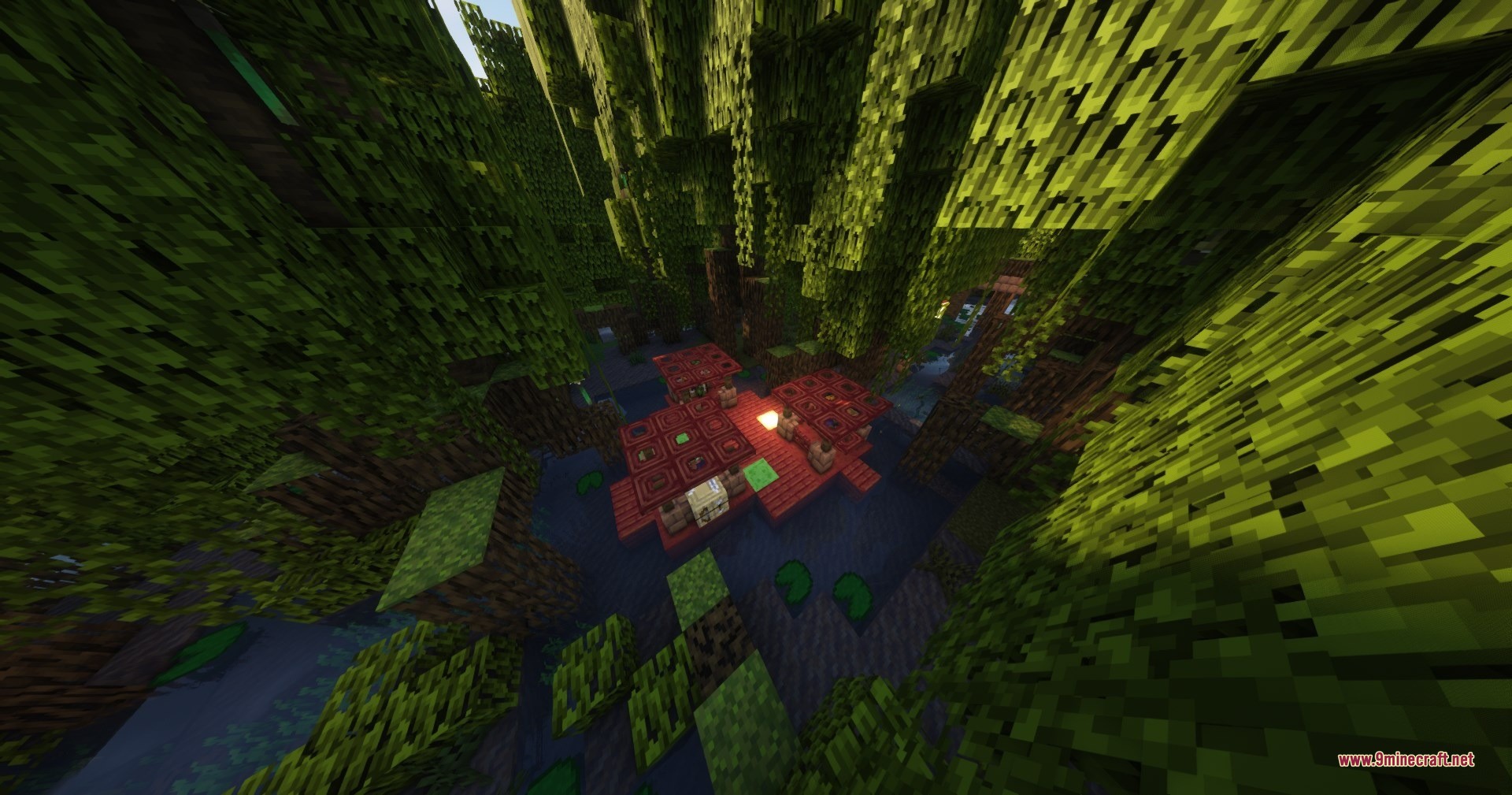 Qrafty’s Mangrove Villages Data Pack (26.2, 1.21.1) – Find Hidden Towns 5 A wooden village structure with red platforms built over dark swamp water