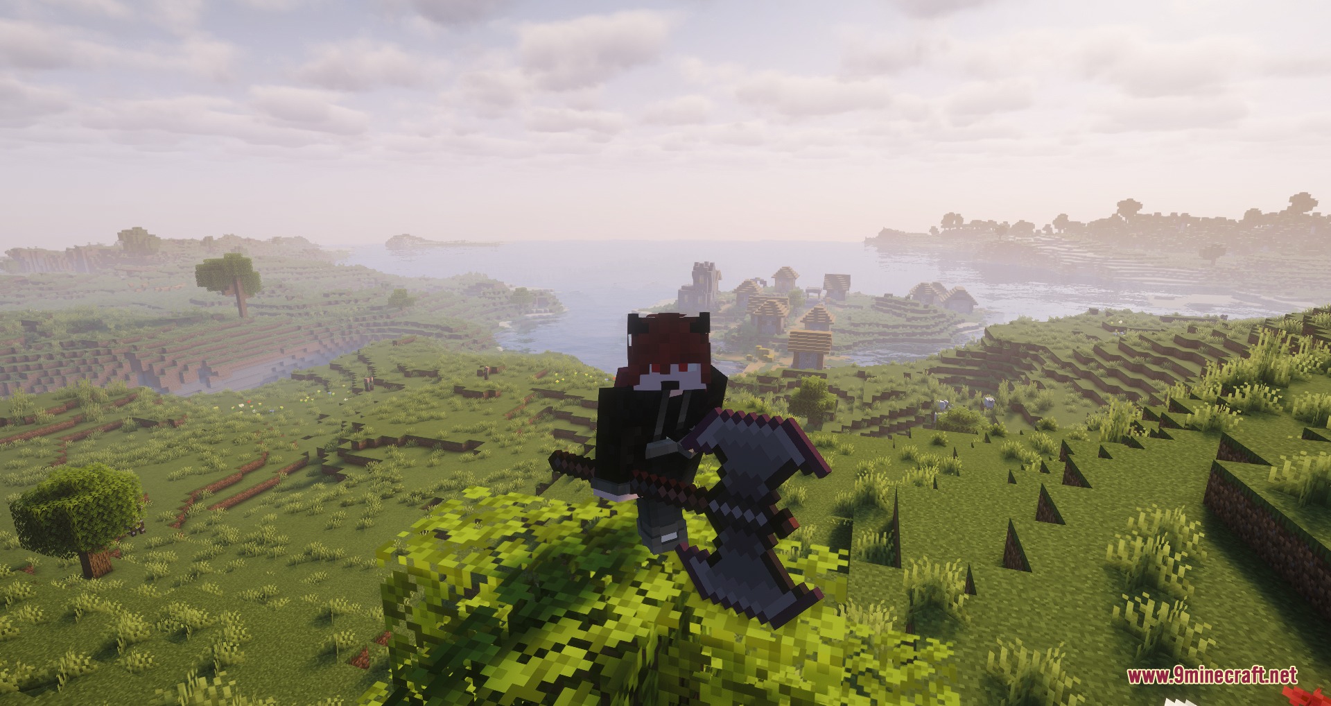 Rpg Adventurer Mod (26.2) – Level Up Your Stats And Cast Spells On Quests 2 A player character holding a massive battle axe overlooking a scenic village