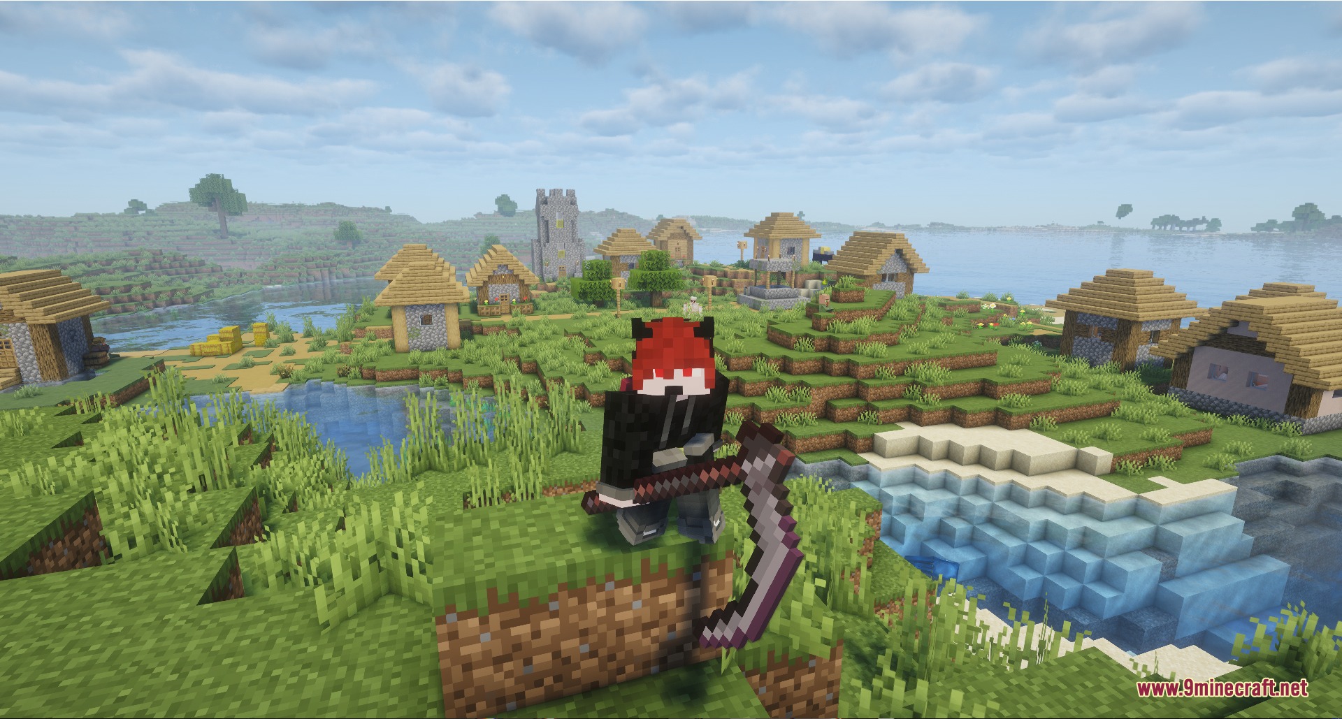 Rpg Adventurer Mod (26.2) – Level Up Your Stats And Cast Spells On Quests 3 Character wielding a unique scythe weapon in front of a small village