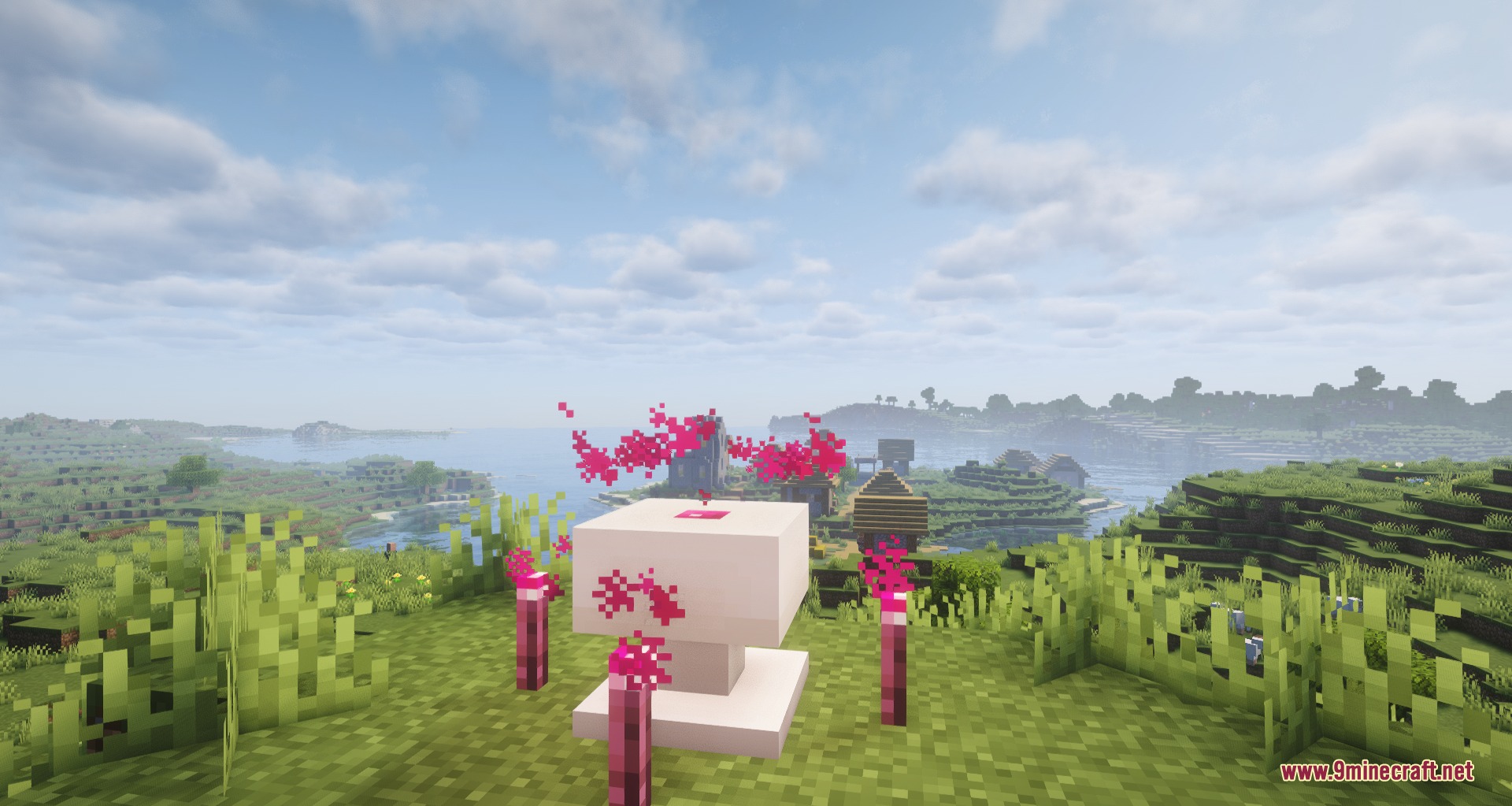 Rpg Adventurer Mod (26.2) – Level Up Your Stats And Cast Spells On Quests 5 Mana well block surrounded by glowing pink magic blaze torches in a field
