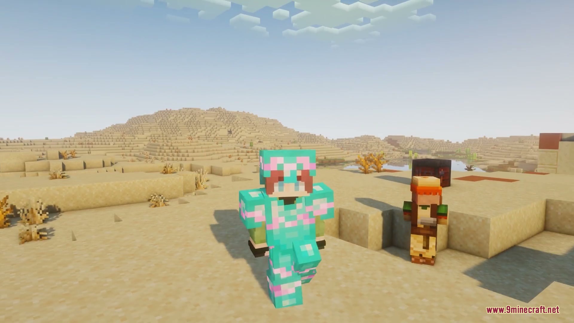 Radiant Veneer Mod (26.2, 1.21.1) – Light Up The Night With Glowing Armor Trims 3 A player wearing cyan armor with glowing pink trims walks through a desert