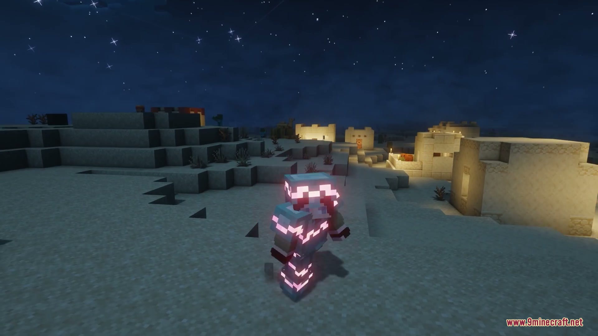 Radiant Veneer Mod (26.2, 1.21.1) – Light Up The Night With Glowing Armor Trims 5 A player wearing armor with glowing trims at night in a desert village
