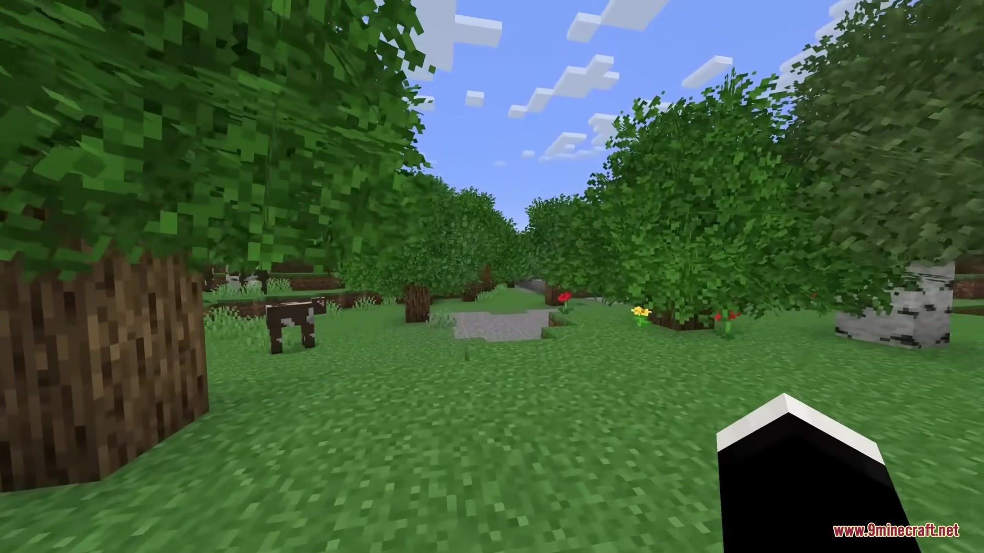 Rainbow’s Foliage Polytone Resource Pack (26.2, 1.20.1) 3 Lush green trees with bushy leaves in a forest with a cow nearby