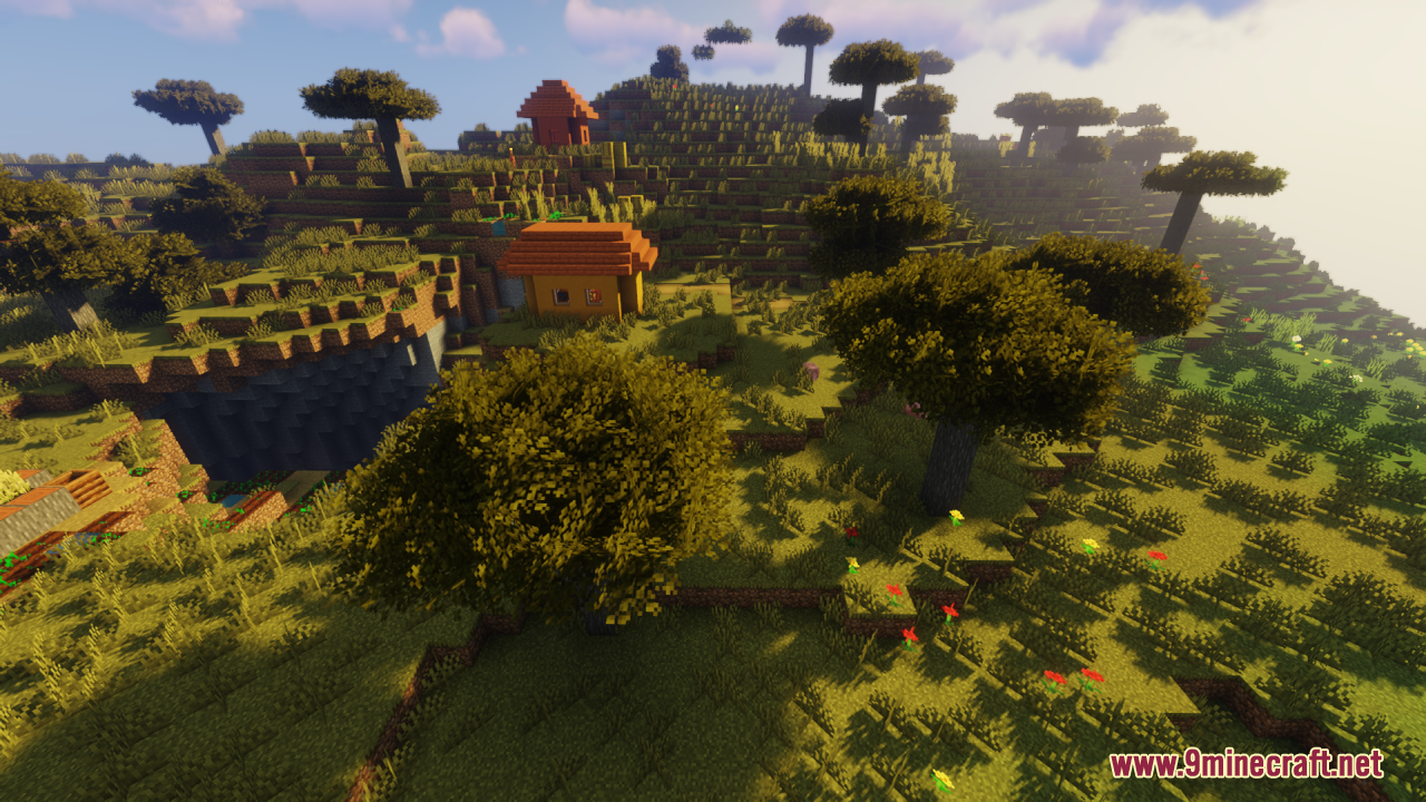 Rainbow’s Foliage Resource Pack (26.2, 1.20.1) – Bushier Leaves For Natural Forests 9 Bushy trees and small houses on a hill during a warm sunset