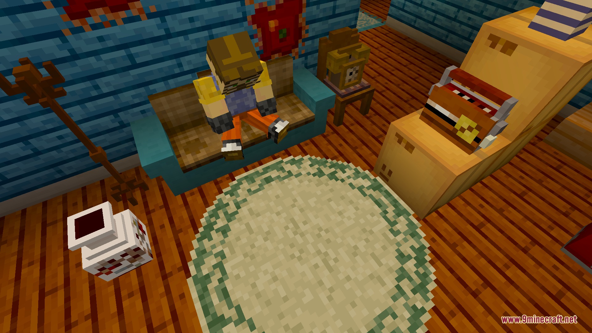 Ravenbrooks Cr Hello Neighbor By Richard_Burusa Mod (1.20.1) 3 A player sitting on a sofa near a typewriter and cardboard boxes