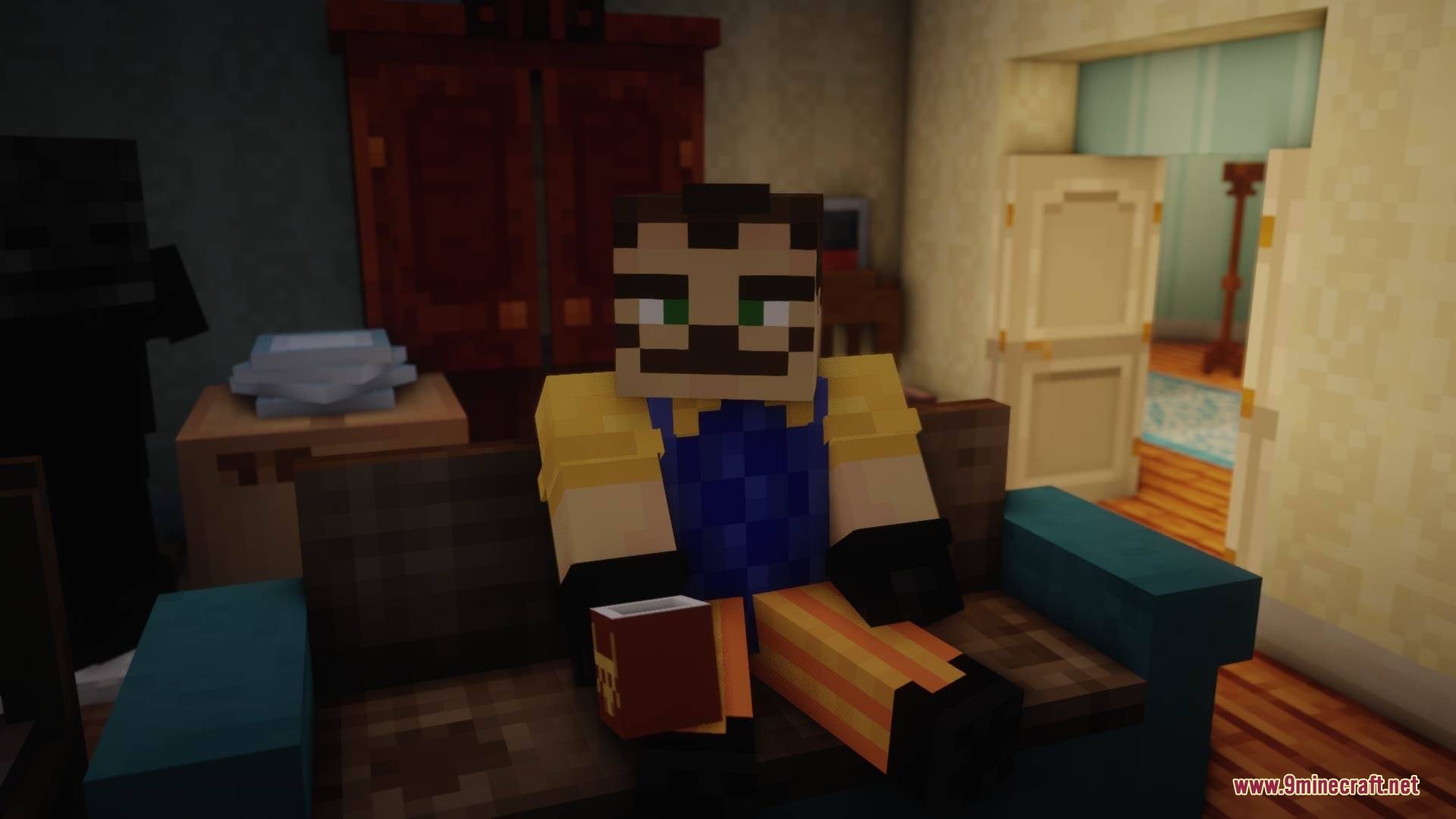 Ravenbrooks Cr Hello Neighbor By Richard_Burusa Mod (1.20.1) 4 A minecraft character sits on a sofa while holding a small brown book