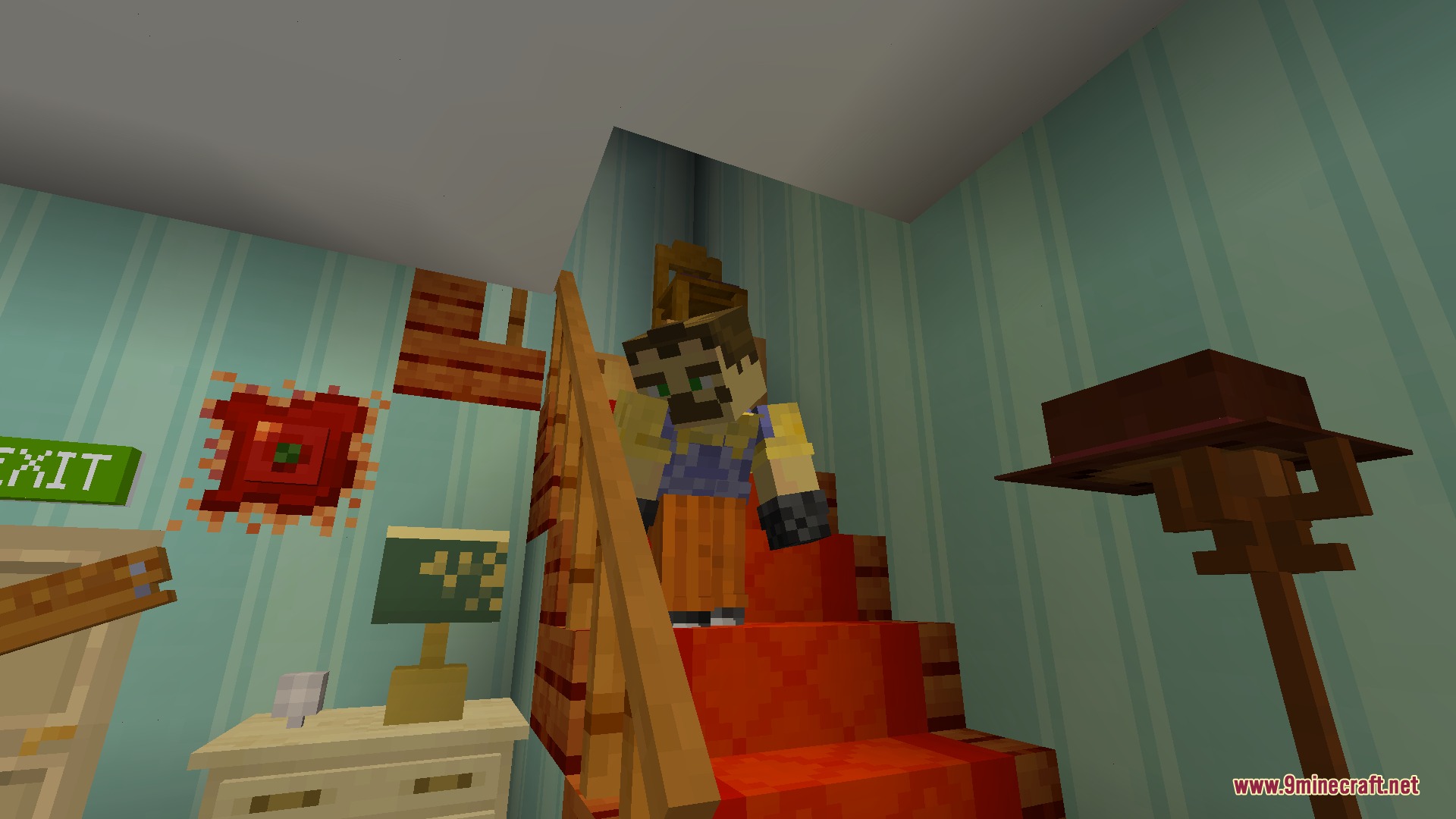 Ravenbrooks Cr Hello Neighbor By Richard_Burusa Mod (1.20.1) 5 The neighbor character walks down a red carpeted staircase inside a house
