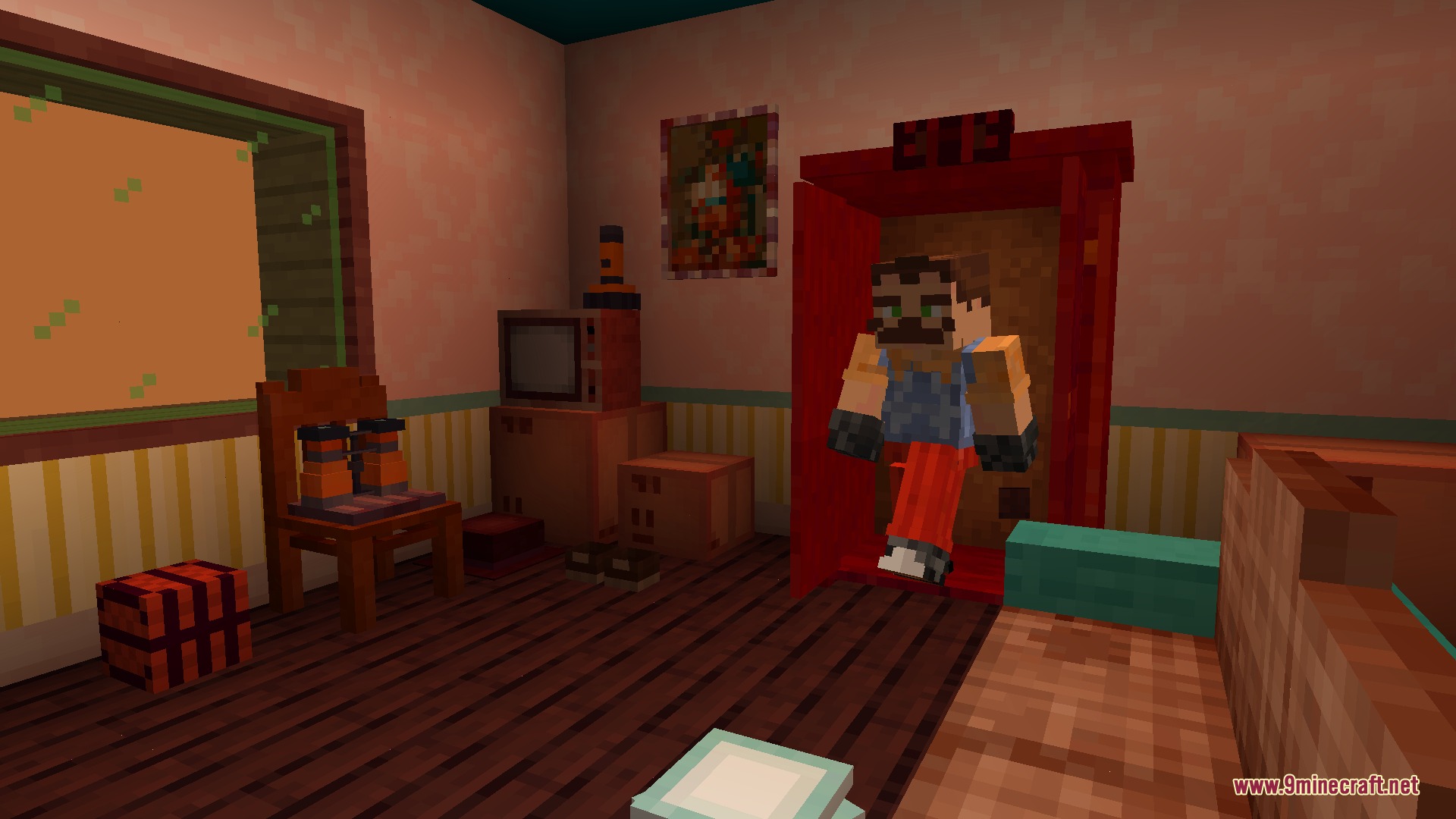 Ravenbrooks Cr Hello Neighbor By Richard_Burusa Mod (1.20.1) 6 A character steps out of a red cupboard in a minecraft house