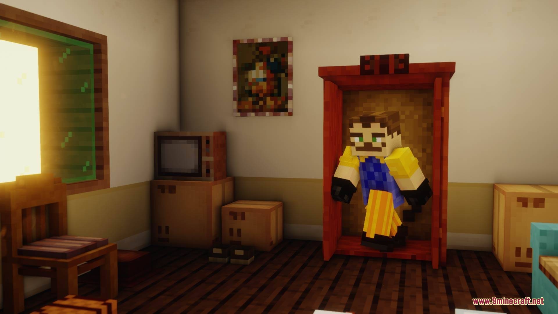 Ravenbrooks Cr Hello Neighbor By Richard_Burusa Mod (1.20.1) 9 A character hides inside a red cupboard in a room with a television