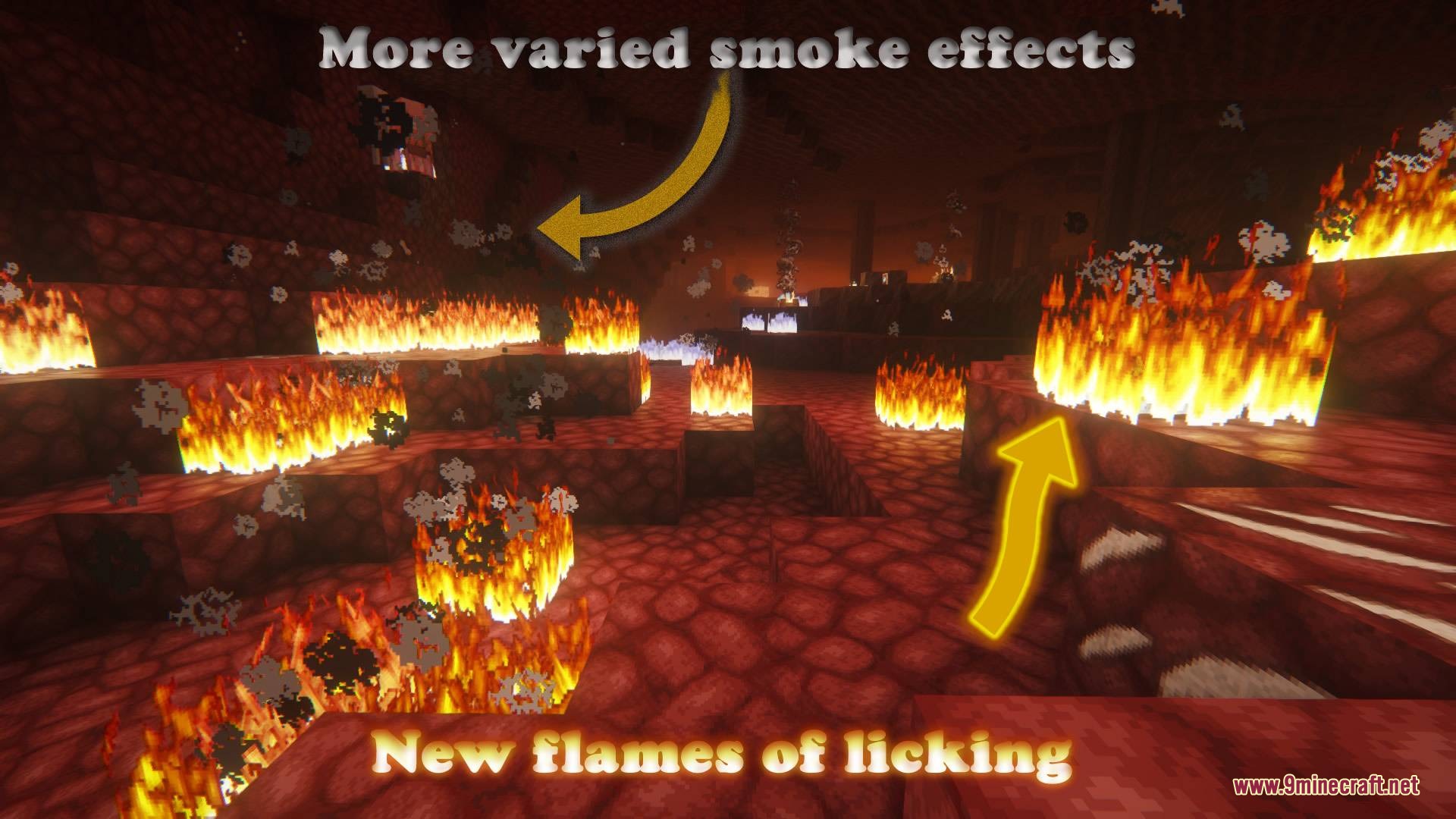 The nether world features realistic fire animations and varied smoke particle effects