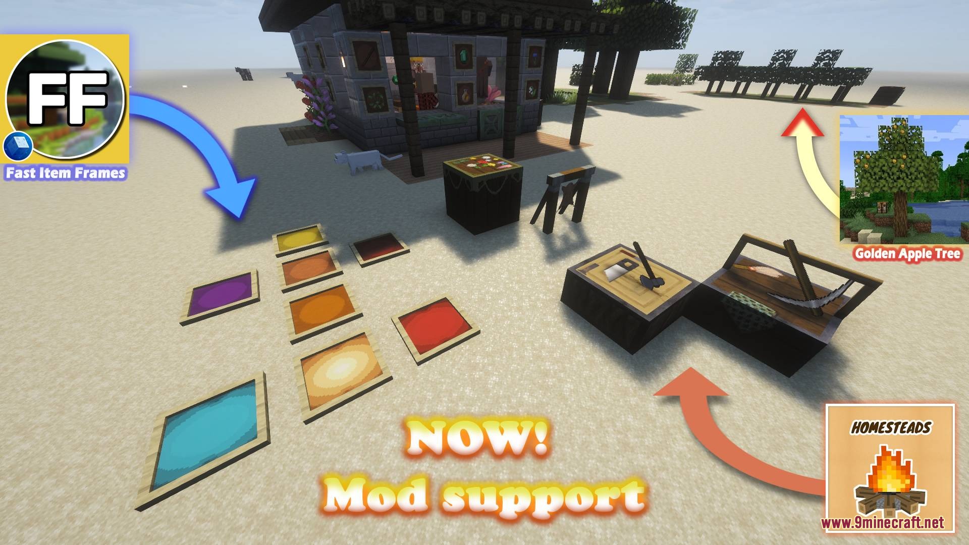 Minecraft scene showing custom item frames and crafting stations on sand