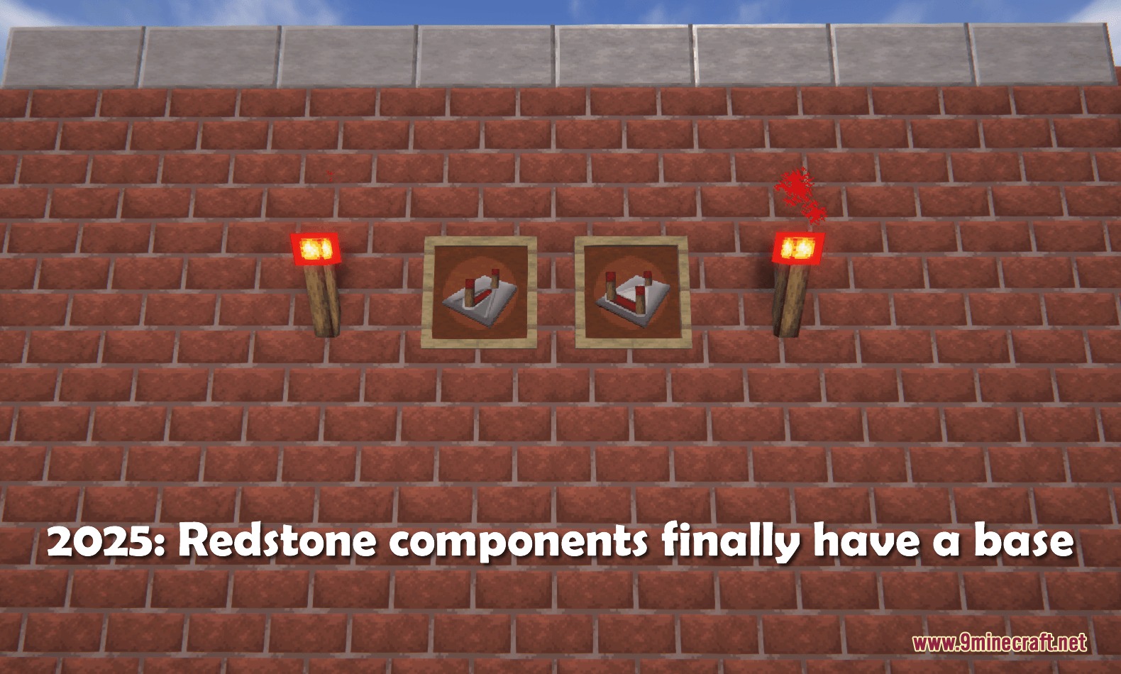Redstone components and torches with 3d bases mounted on a brick wall