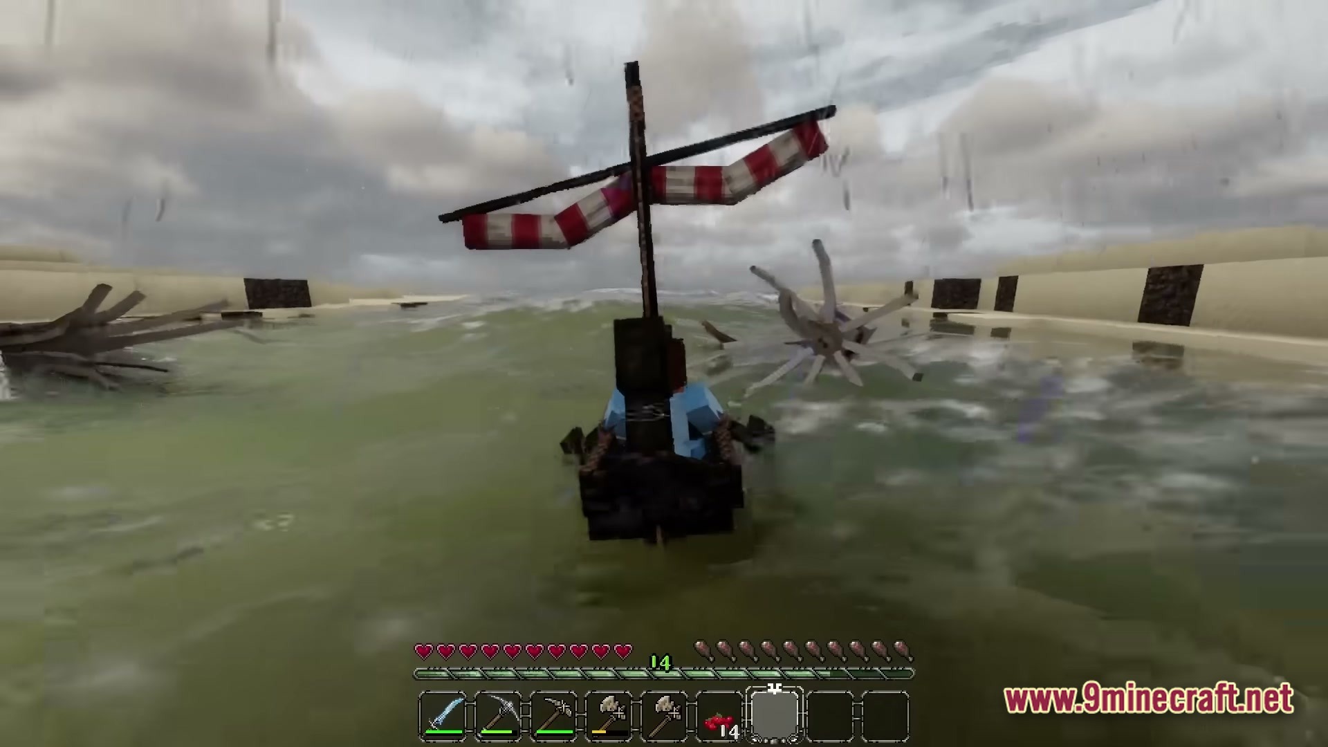 Real Realistic World Realistic Modpack (1.20.1) – Explore Lifelike Forests And Mountains 5 A player navigates a small sailboat through choppy water near a sandy shoreline during a storm