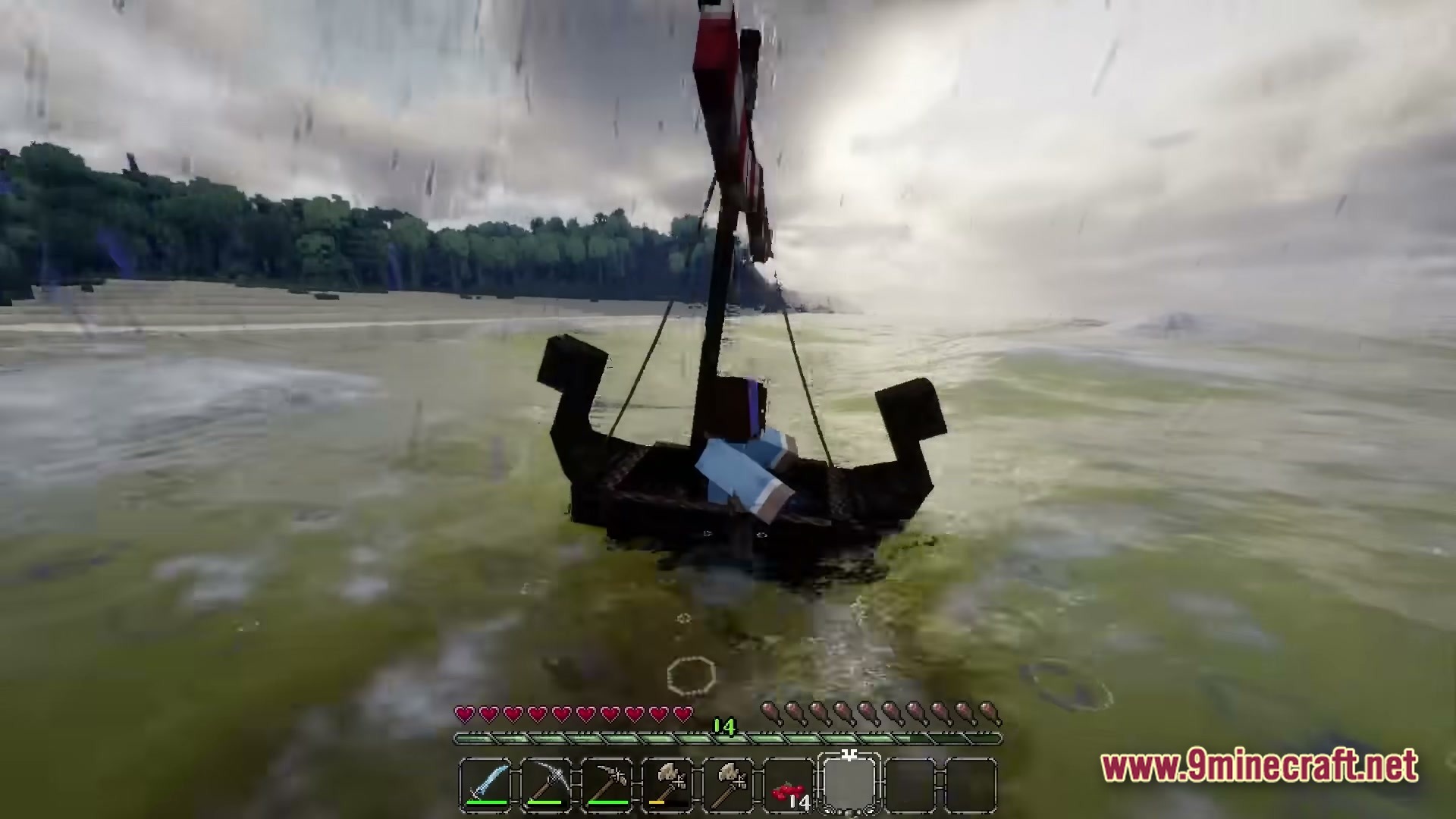 Real Realistic World Realistic Modpack (1.20.1) – Explore Lifelike Forests And Mountains 6 A player navigates a small wooden sailboat across a choppy ocean during a rainstorm near land