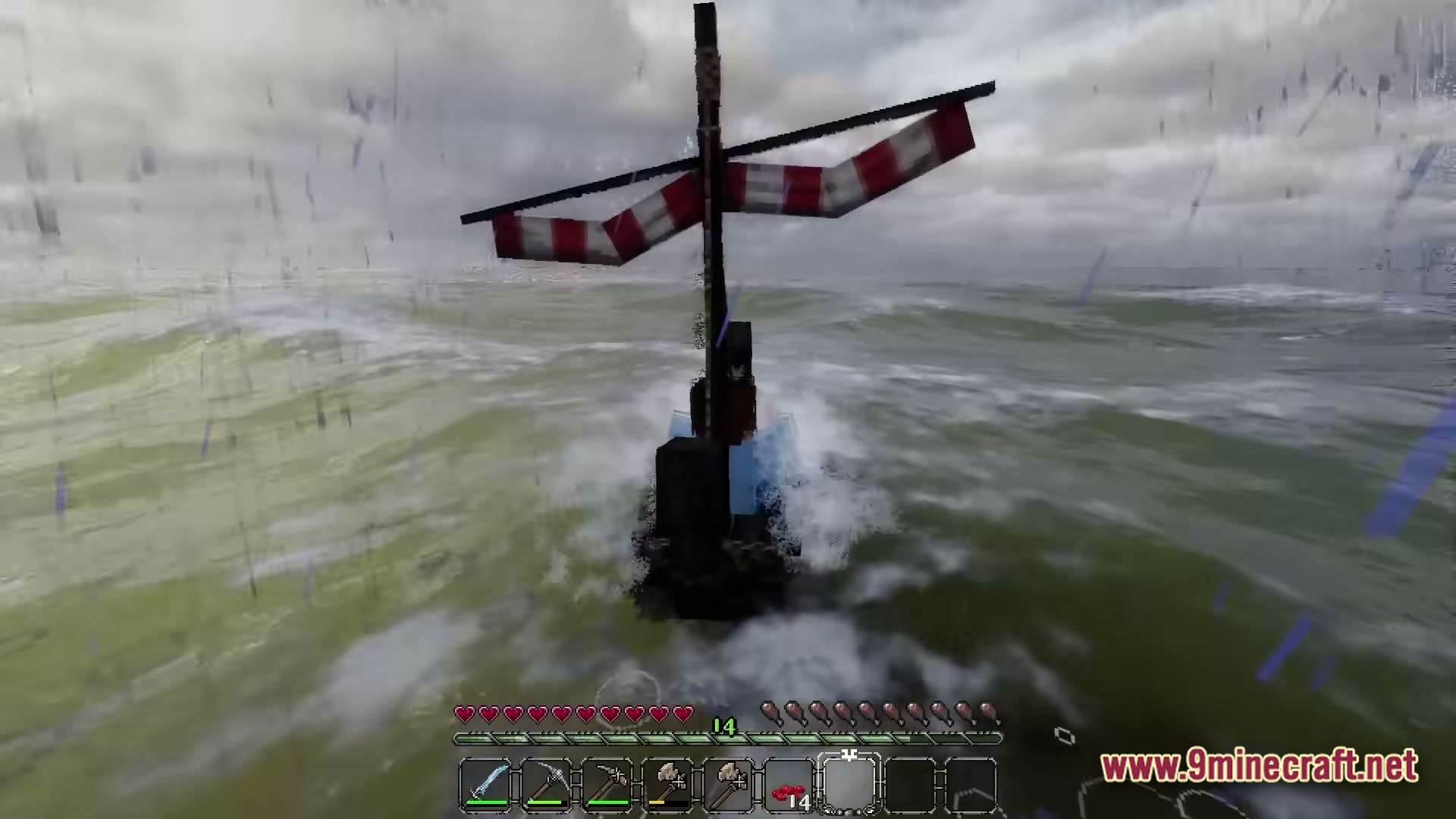 Real Realistic World Realistic Modpack (1.20.1) – Explore Lifelike Forests And Mountains 7 A small wooden sailboat with red and white sails navigates through a stormy, realistic ocean biome