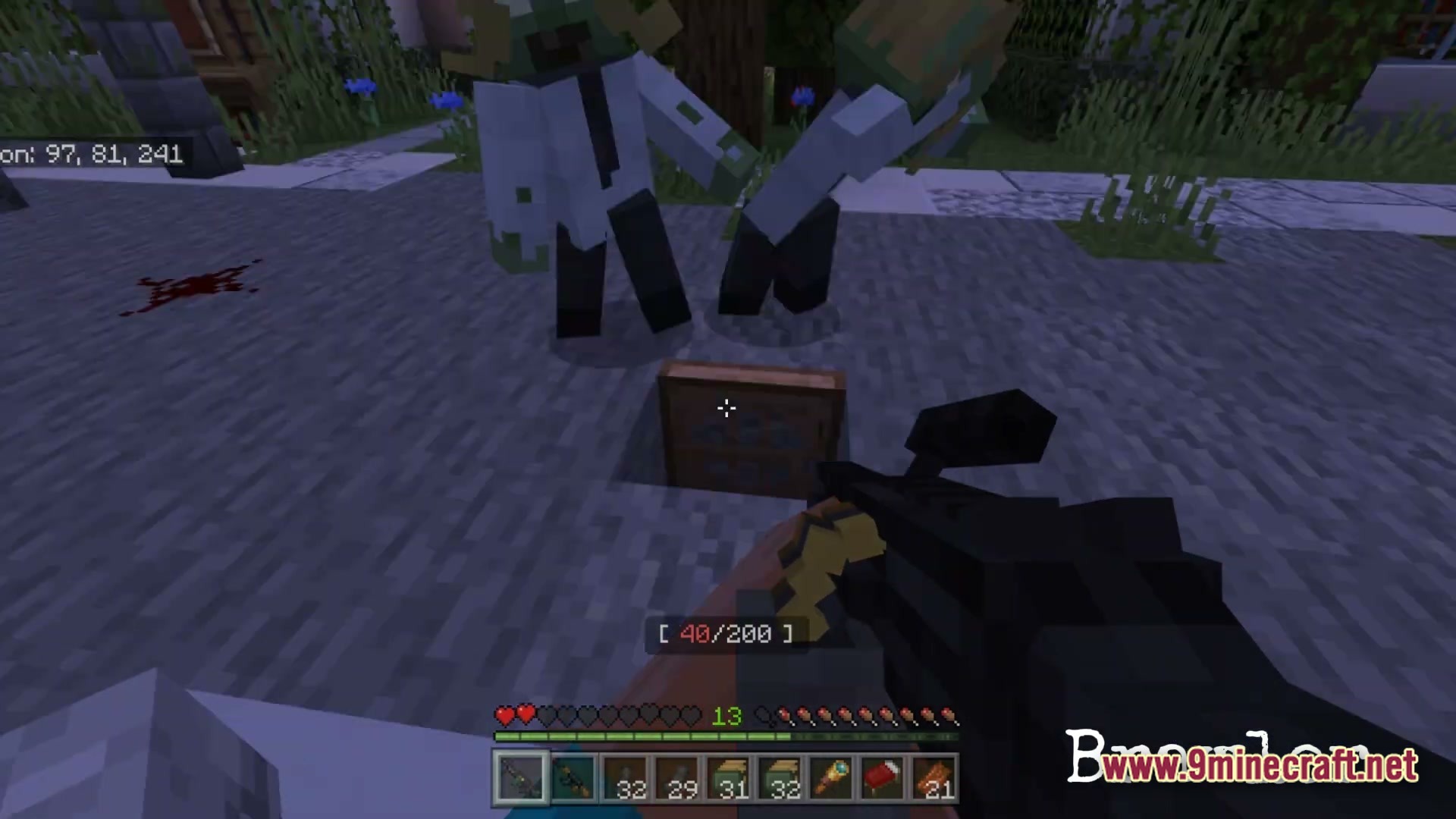Real Zombie Apocalypse Horror Horror Modpack (1.20.1) – Survive Endless Relentless Undead 2 A first-person perspective of a player holding a firearm while facing two zombies on a street