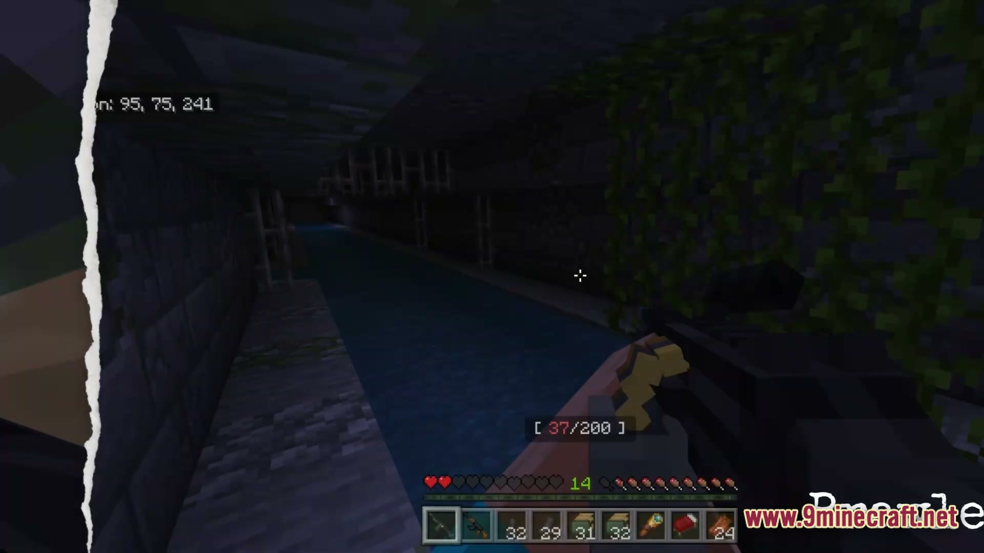 Real Zombie Apocalypse Horror Horror Modpack (1.20.1) – Survive Endless Relentless Undead 4 A player holds a firearm while exploring a dark, vine-covered underground sewer tunnel in minecraft