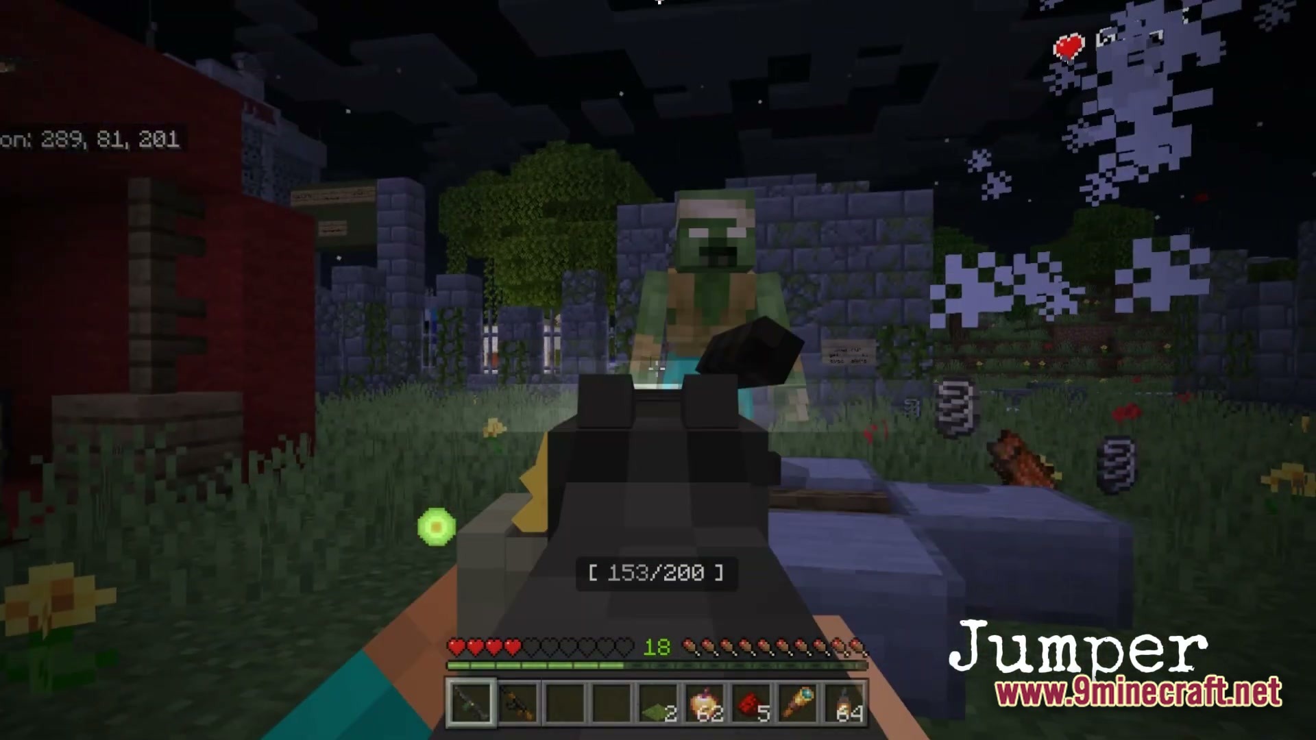 Real Zombie Apocalypse Horror Horror Modpack (1.20.1) – Survive Endless Relentless Undead 7 A player aims a firearm at a zombie near stone ruins during a night encounter