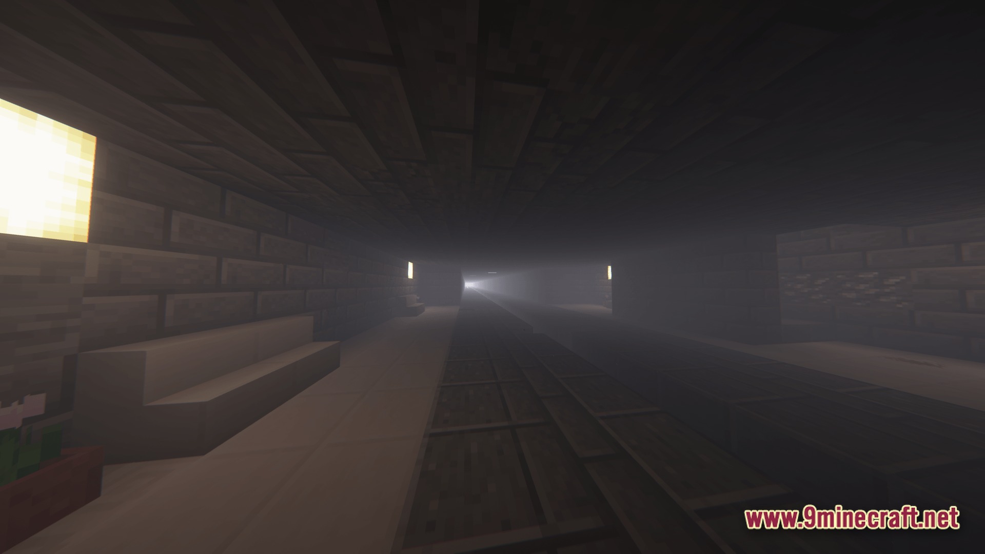 Real Zombie Apocalypse Horror Horror Modpack (1.20.1) – Survive Endless Relentless Undead 10 A dark, foggy underground subway station with stone brick walls and a long train track
