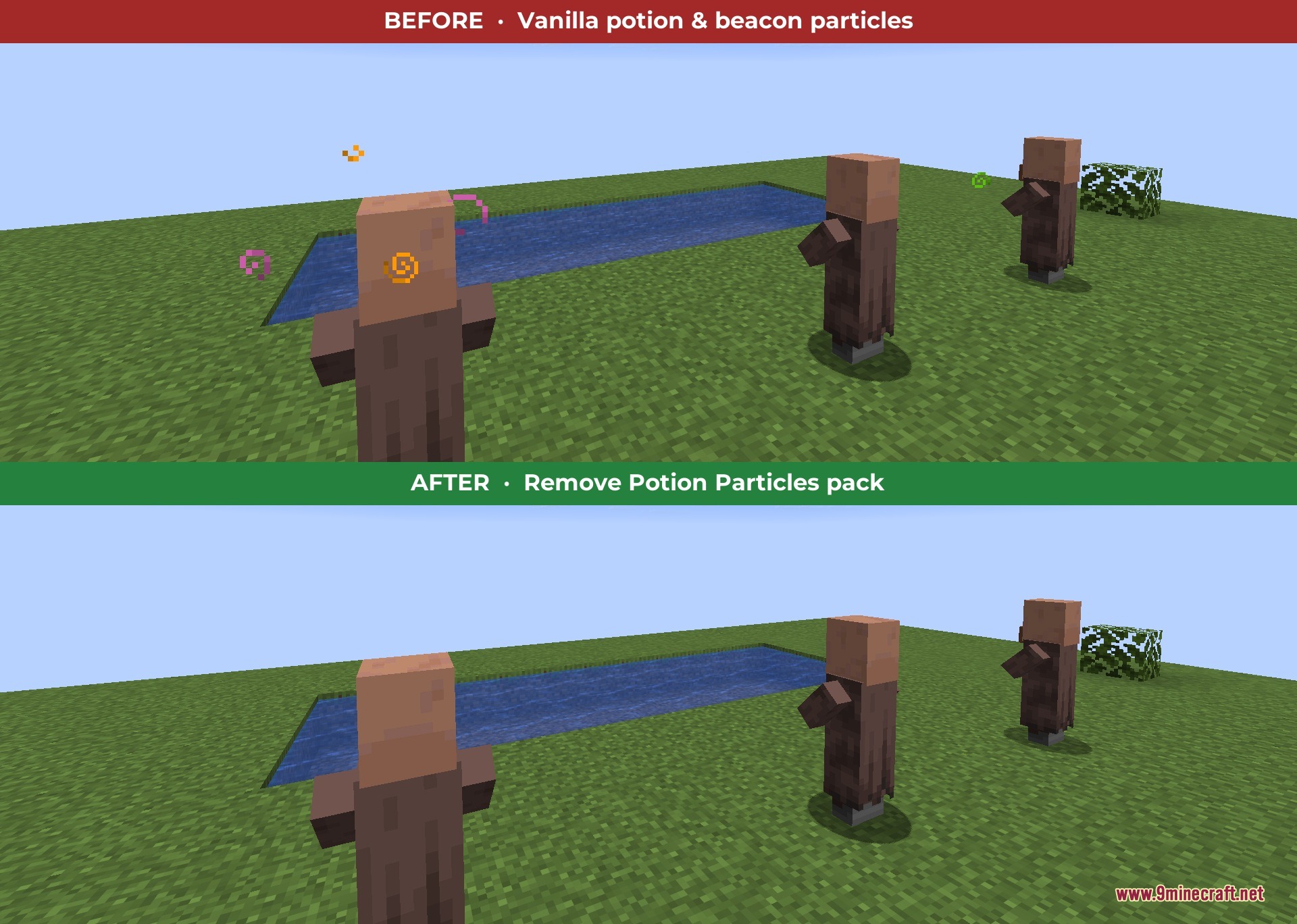 Remove Potion Particles 9Minecraft Resource Pack (26.2) – Clear Vision Without Swirls 2 Comparison showing villagers with potion particles and without them in the game
