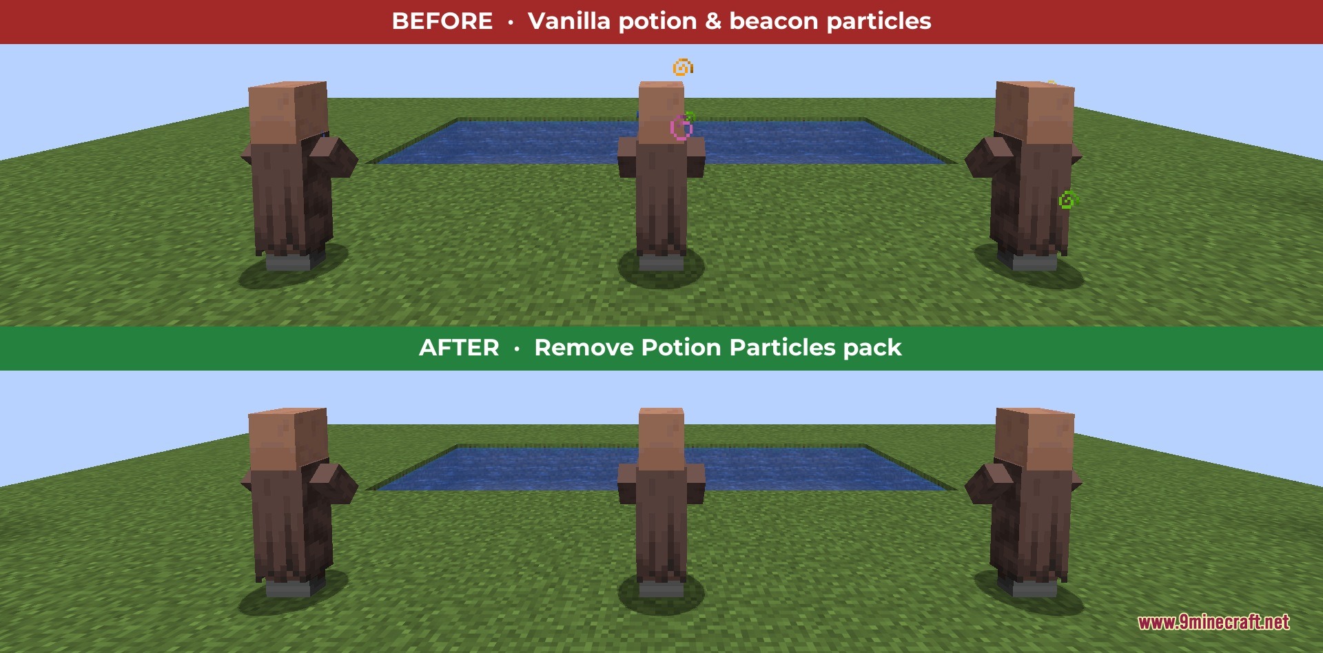 Remove Potion Particles 9Minecraft Resource Pack (26.2) – Clear Vision Without Swirls 3 Before and after comparison of three villagers with potion effect particles removed