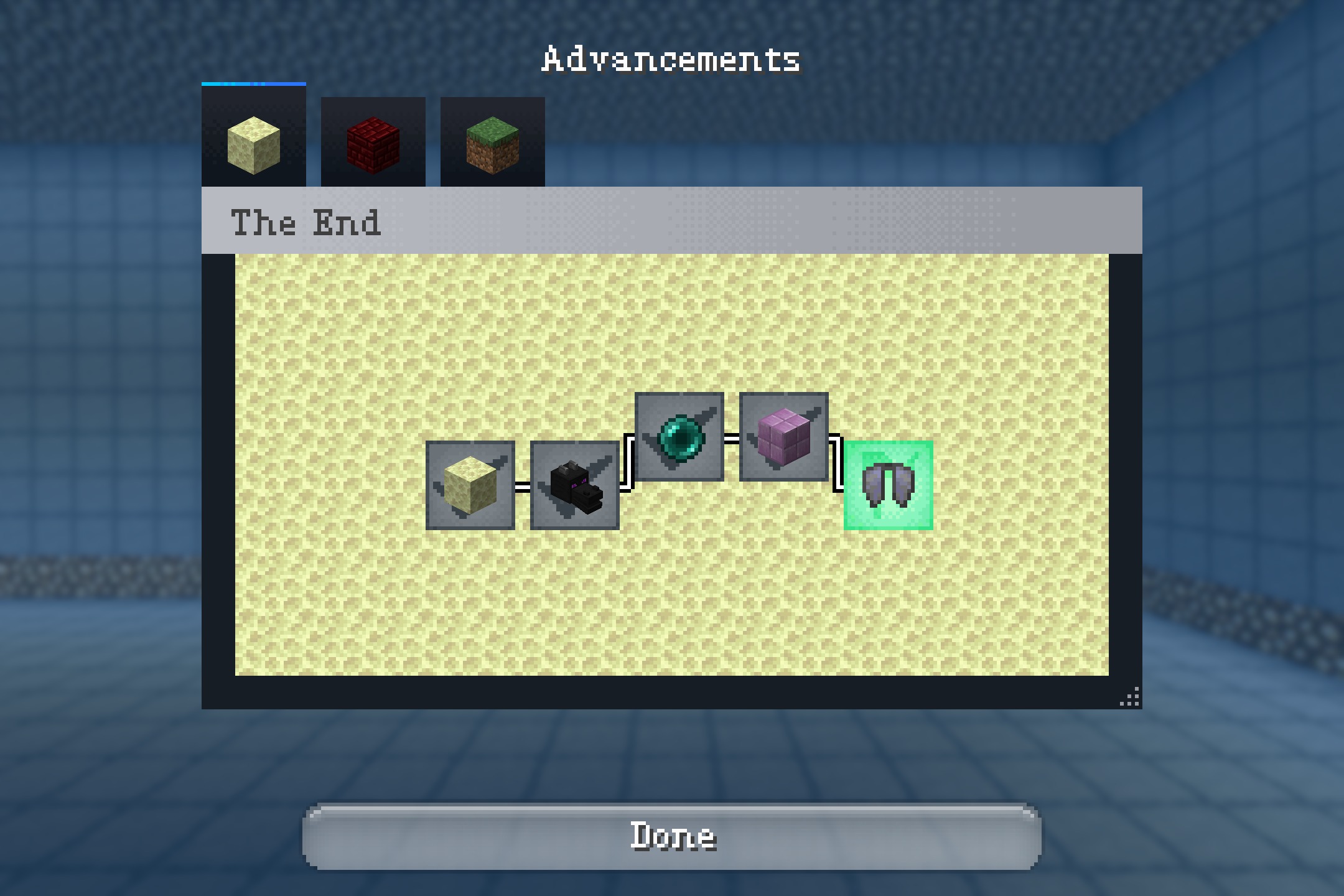 Advancements screen for the end dimension featuring a retro plastic ui design
