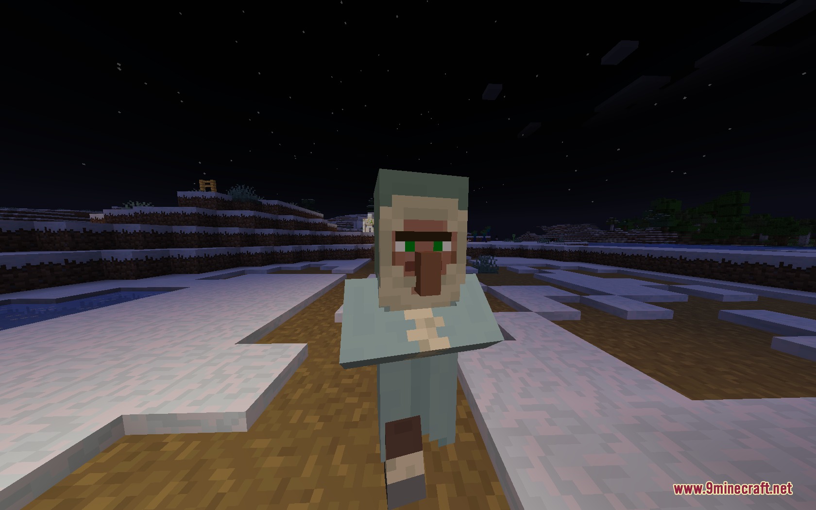 Retrograde Vision Resource Pack (1.21.11, 1.20.1) – Classic Programmer Art 6 A villager in classic blue clothing stands in a snowy biome at night